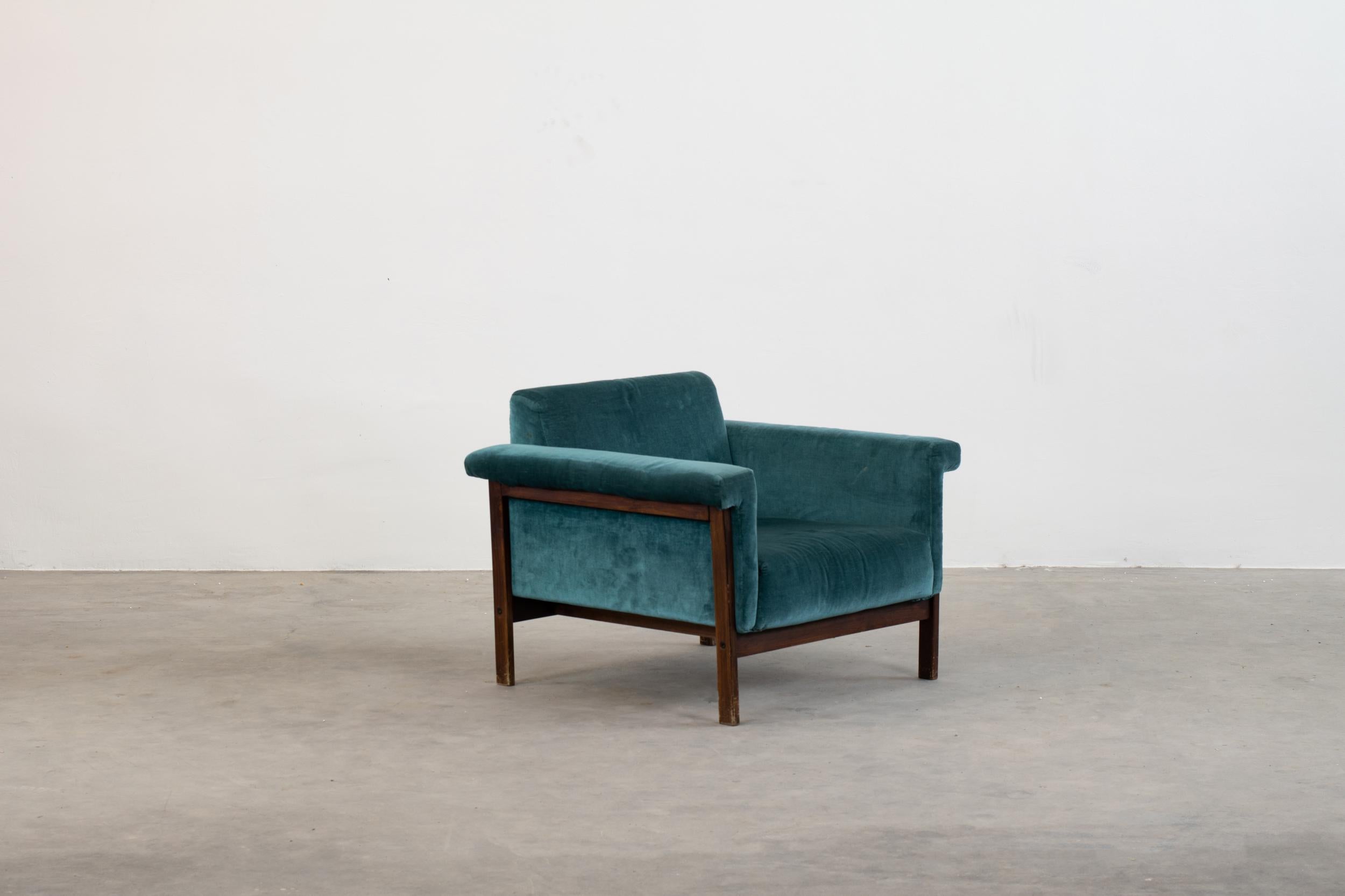 Mid-Century Modern Ettore Sottsass Canada Armchair in Blue Velvet and Wood Poltronova 1960s For Sale