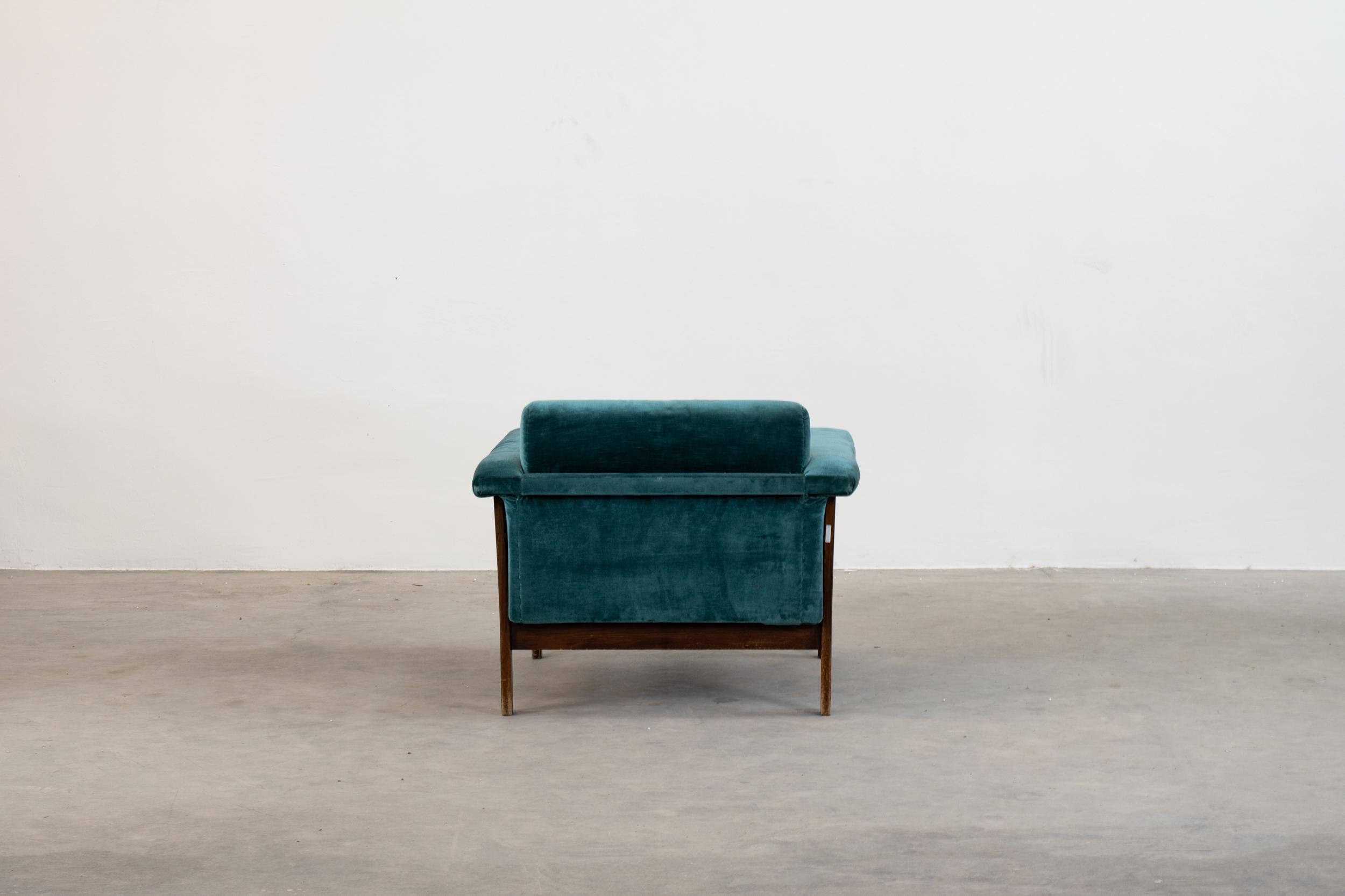 Italian Ettore Sottsass Canada Armchair in Blue Velvet and Wood Poltronova 1960s For Sale