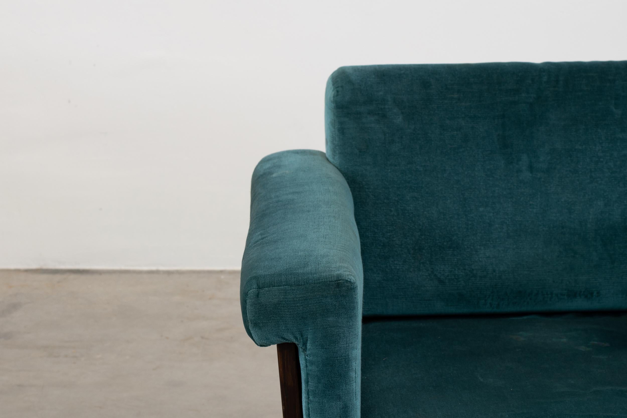 Other Ettore Sottsass Canada Armchair in Blue Velvet and Wood Poltronova 1960s For Sale