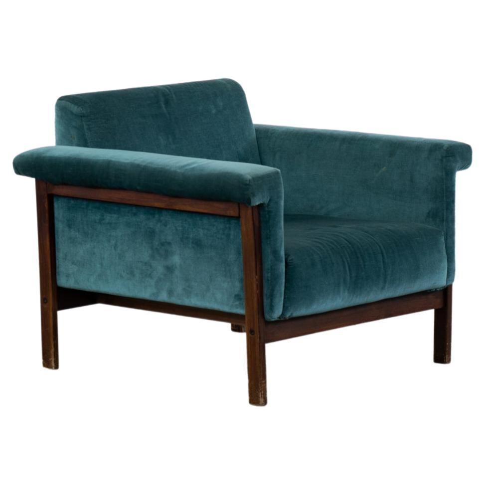 Ettore Sottsass Canada Armchair in Blue Velvet and Wood Poltronova 1960s For Sale