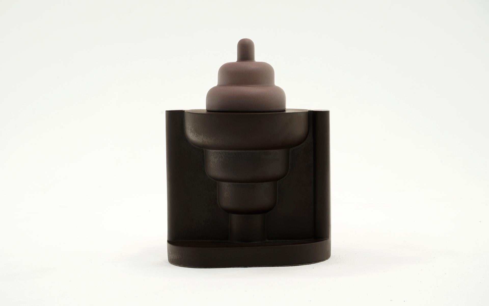 Rare Cardamon Teapot from the Indian Memory Series designed by Ettore Sottsass.  Glazed Earthenware.  Excellent condition.  
Stamped signature and manufacturer's mark to underside ‘Ettore Sottsass’ and ‘AS Alessio Sarri Ceramiche’ and to lid