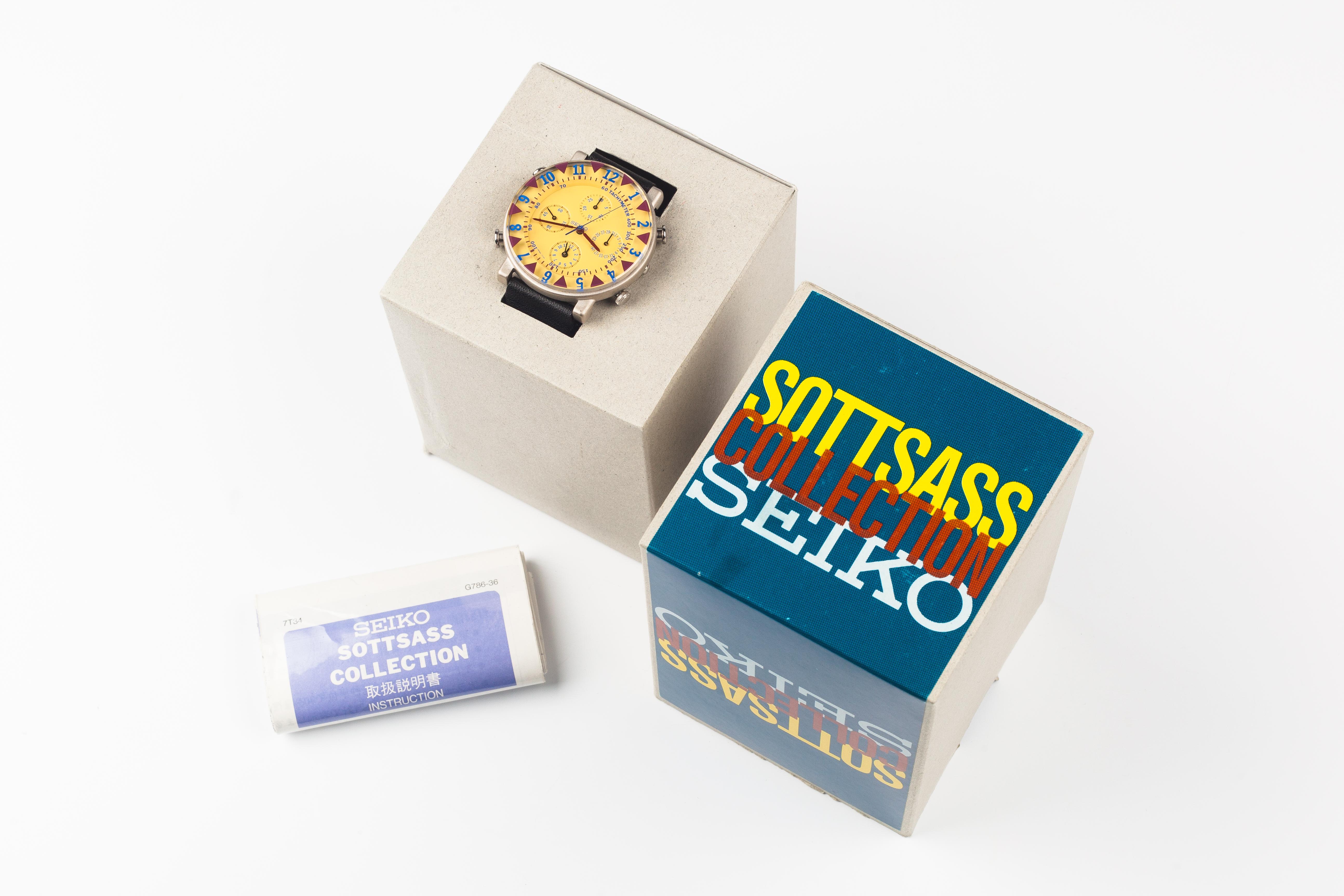 First edition, out-of-production Sottsass collection wristwatches designed by Ettore Sottsass, released exclusively in Japan by Seiko in 1992. Production of this collection was limited to a small number due to the highly skilled and meticulous