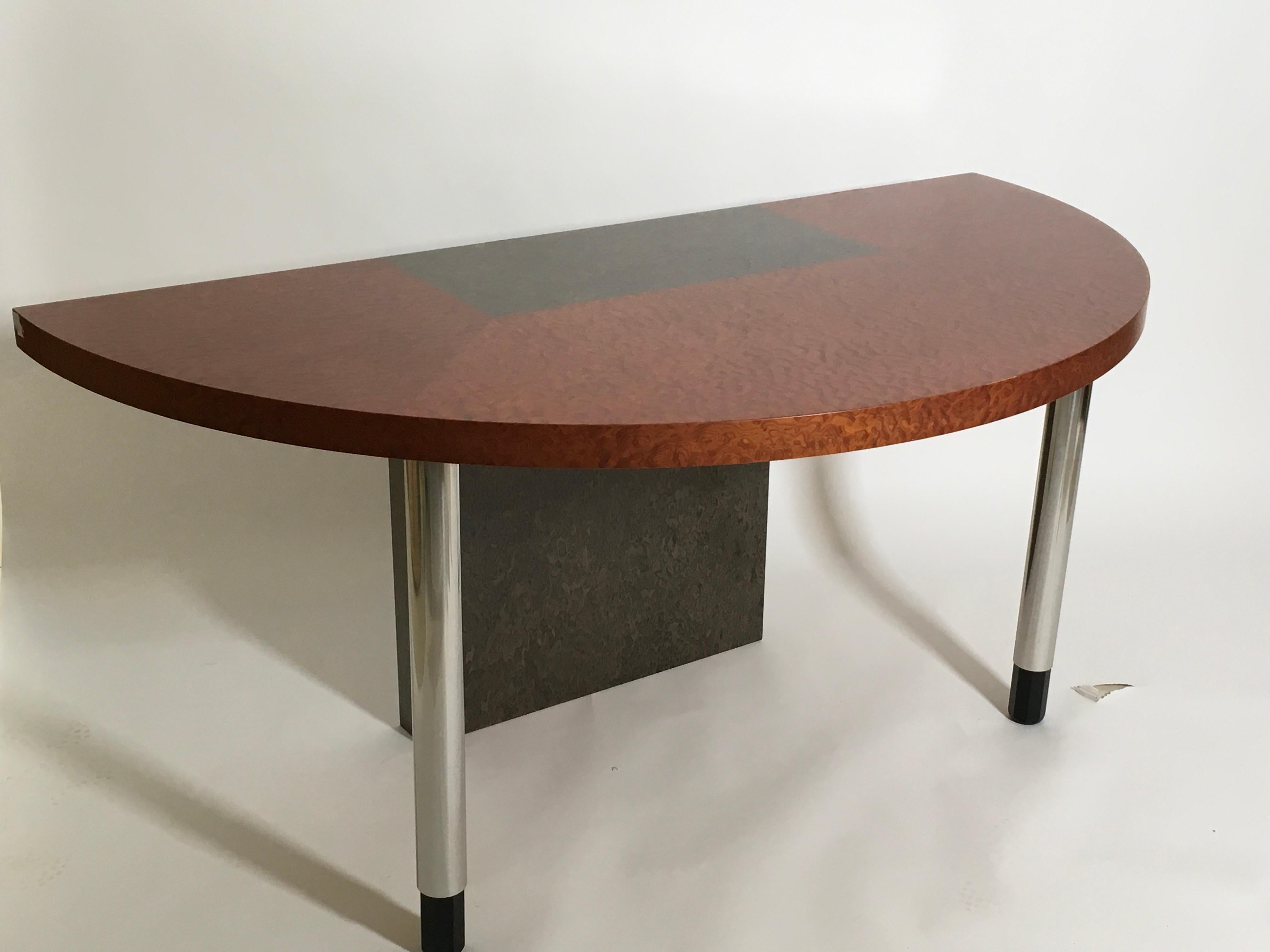 Ettore Sottsass half moon console for Zanotta, made in Italy, 1980s. Brown and gray. Wood with briar and steel top. Vintage, very good condition.