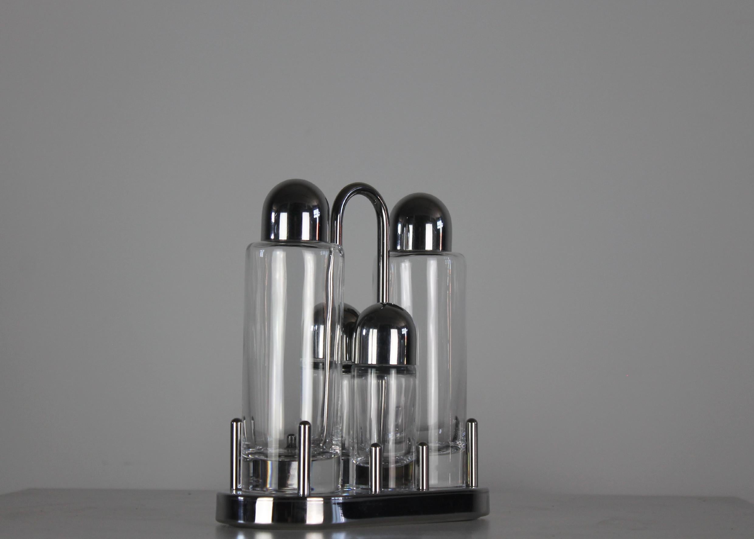 Italian Ettore Sottsass Cruet Set in Stainless Steel and Glass by Alessi 1978 Italy