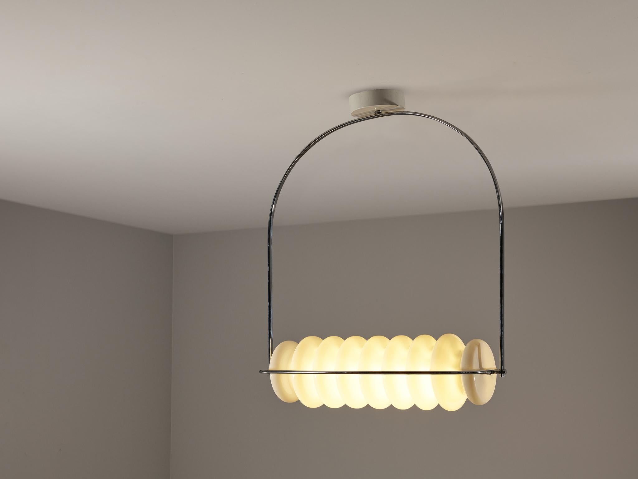 Ettore sottsass for design centre/Poltronova, ‘Bruco’ ceiling light from the Mobili Grigi series, chrome-plated brass, methacrylate (translucent Perspex), enameled aluminum, Italy, 1970. 

This ‘Bruco’ ceiling light is created by Ettore Sottsass