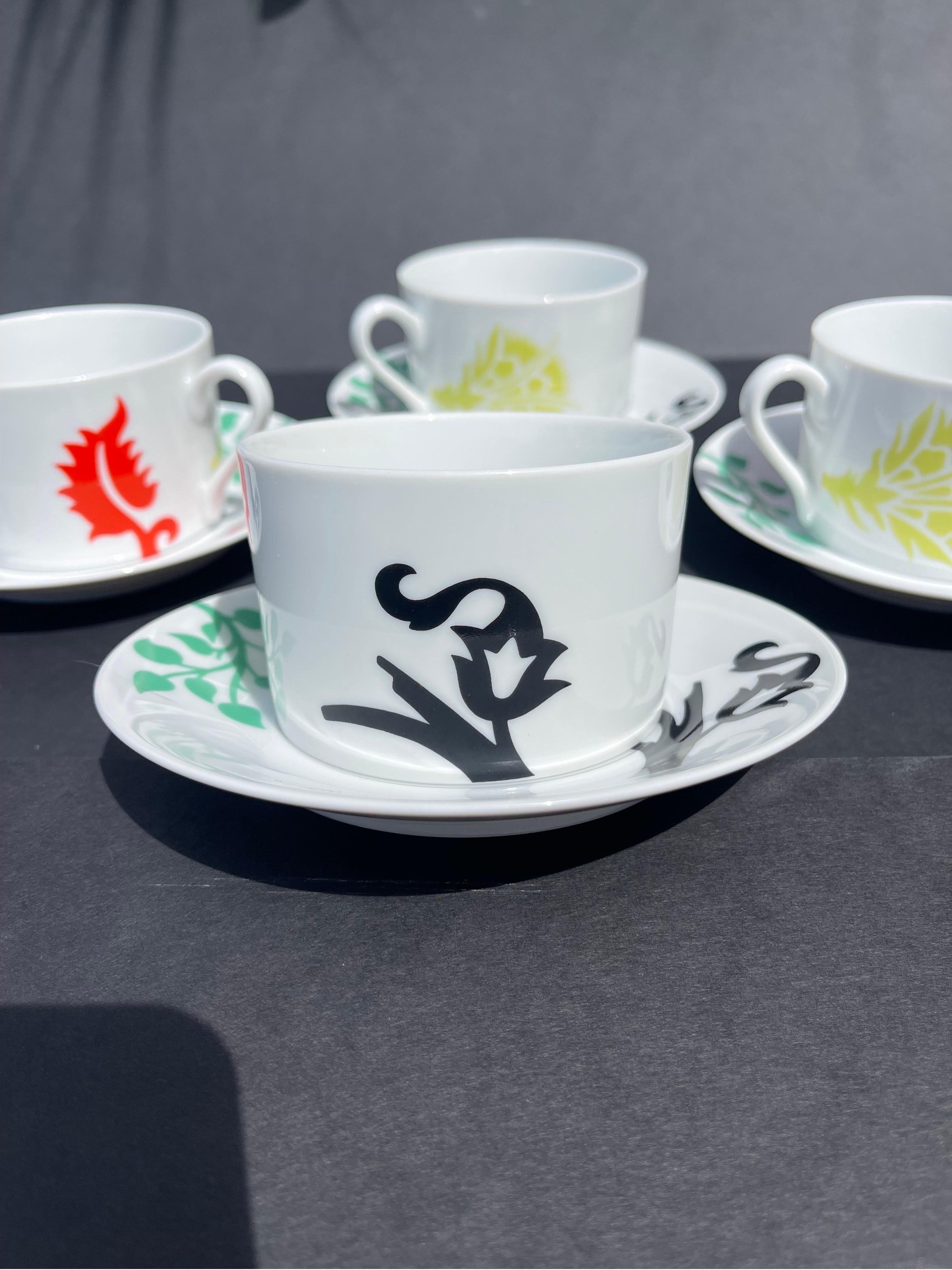 Exceptionally rare set of cups & saucers by the inimitable Ettore Sottsass, designed for Swid Powell. This set is held in the private collections of prominent museums, such as The Met, and is only available for sale here. Don’t miss your chance to