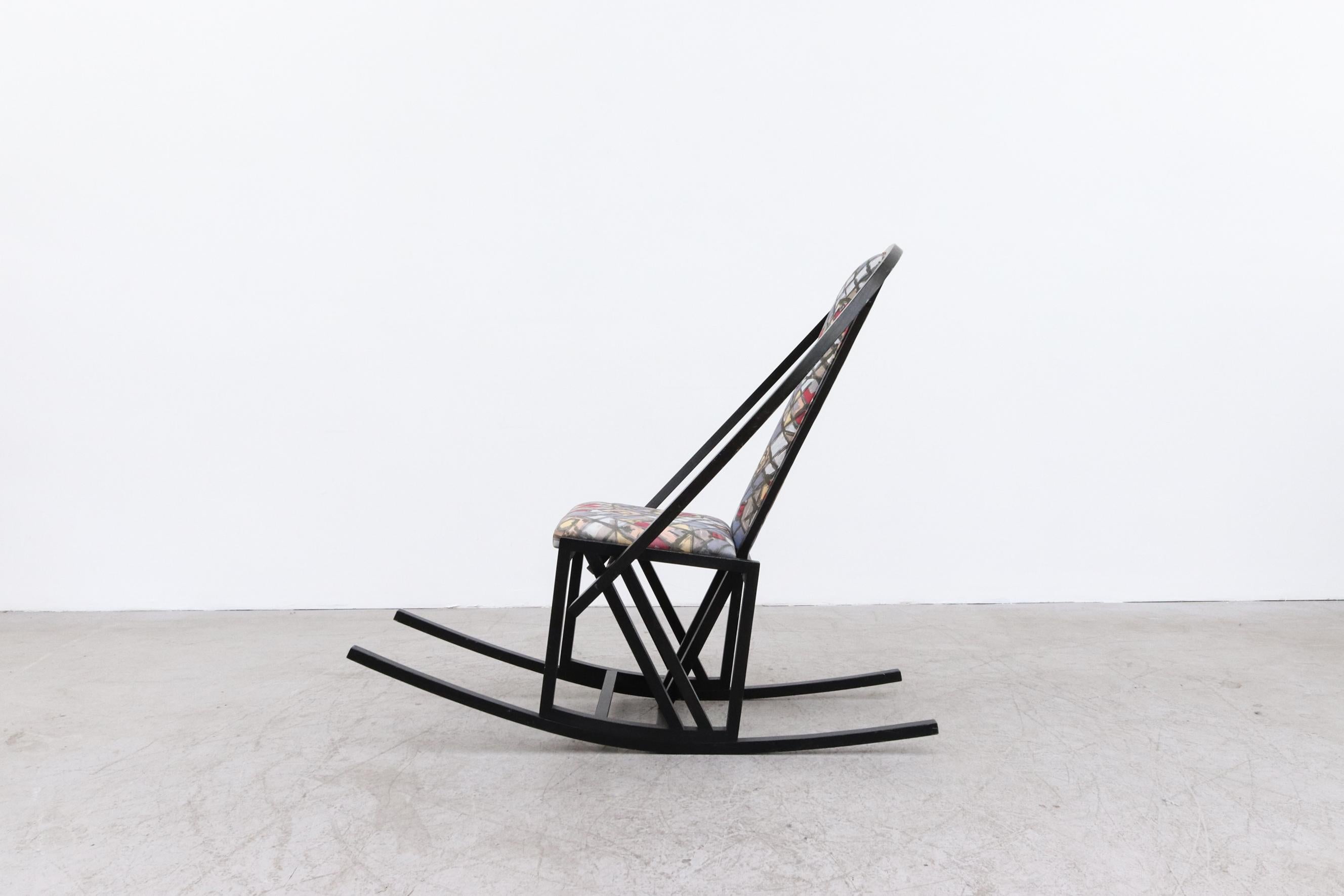 Mid-Century Modern Ettore Sottsass insp. 1980's Memphis Style Black Wood Frame Rocking Chair For Sale