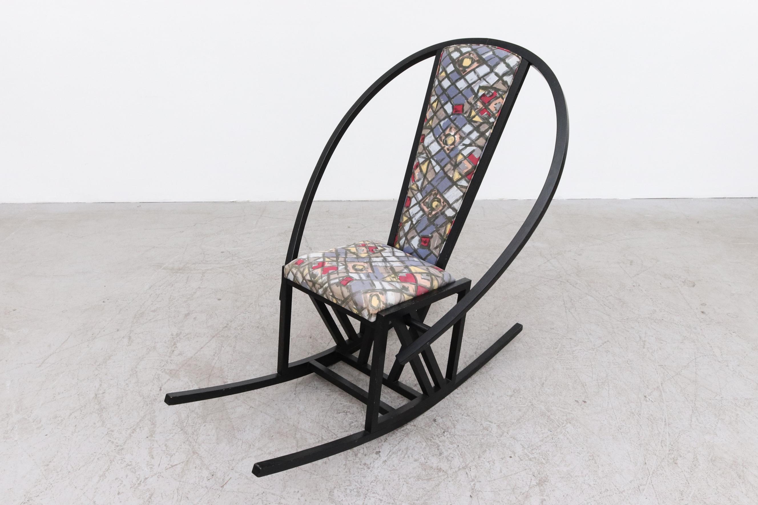 Late 20th Century Ettore Sottsass insp. 1980's Memphis Style Black Wood Frame Rocking Chair For Sale