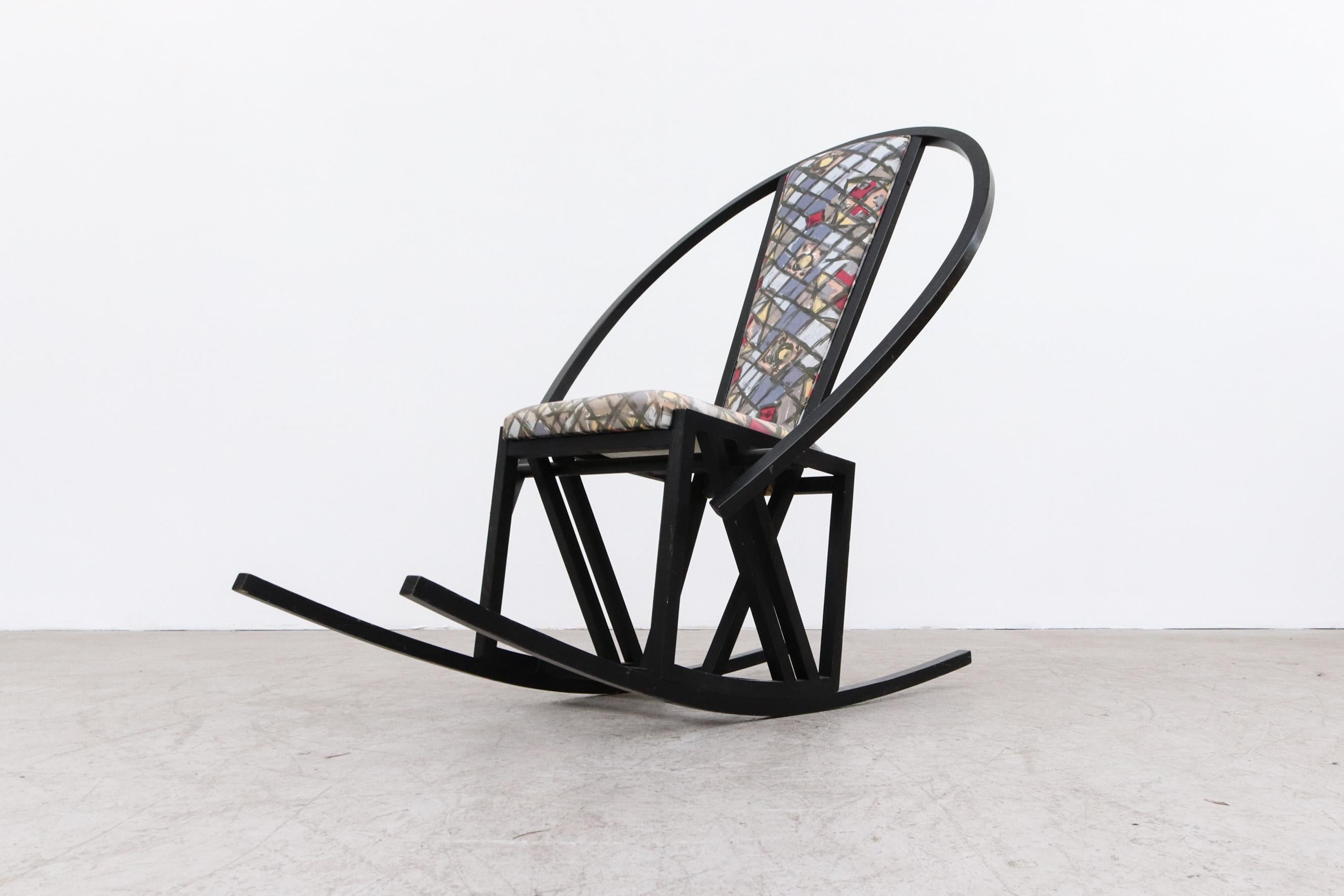 Upholstery Ettore Sottsass insp. 1980's Memphis Style Black Wood Frame Rocking Chair For Sale