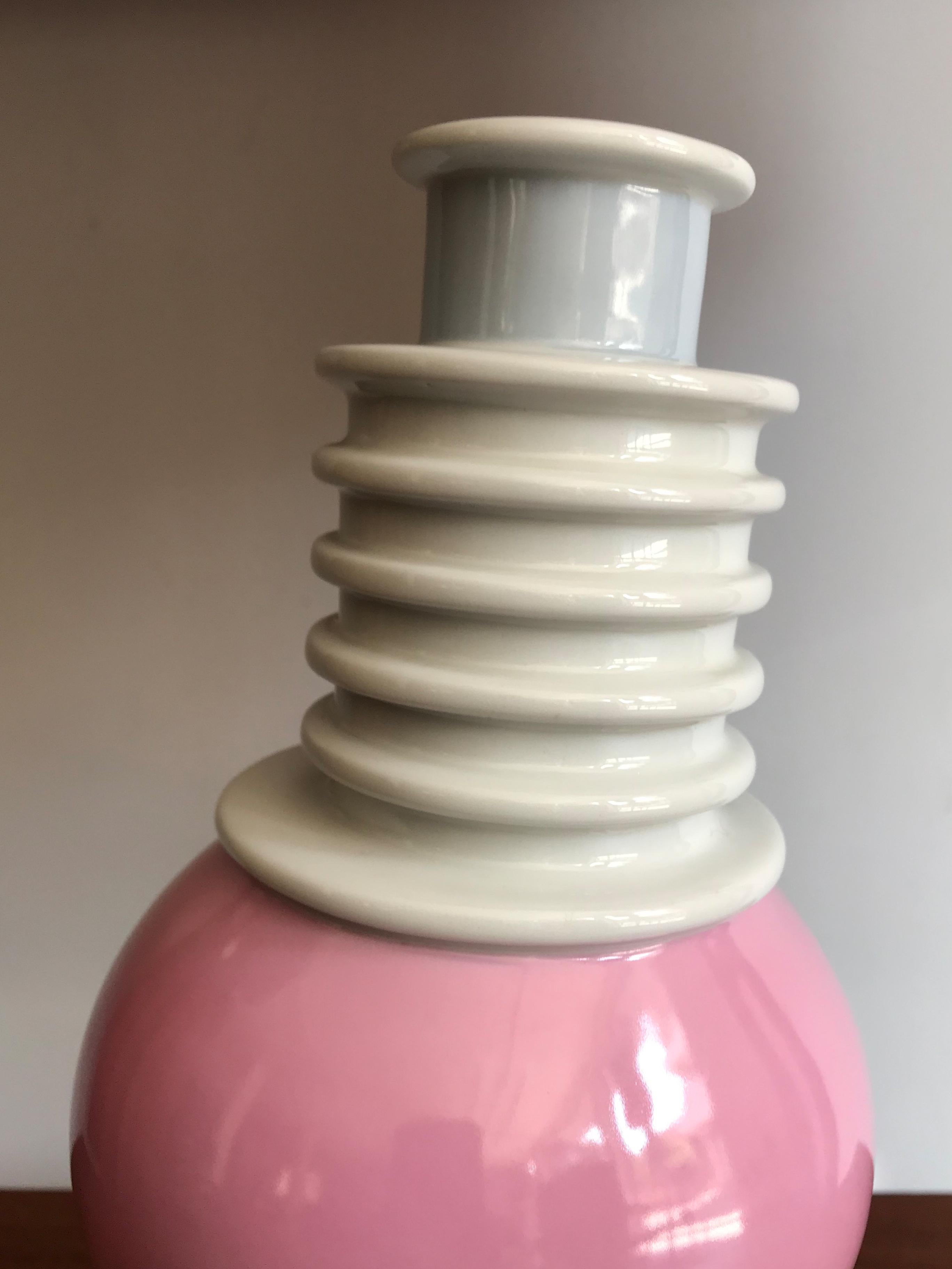 Glazed Ettore Sottsass Italian Pink and White Ceramic Vase for Memphis Model Nilo, 1983