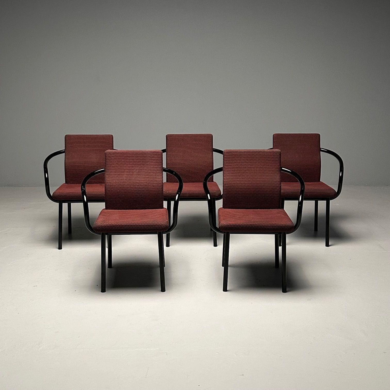Ettore Sottsass, Knoll, Mid-Century Modern, Mandarin Armchairs, Italy, 1990s

Set of five mid-century modern arm chairs designed by Ettore Sottsass for Knoll in Italy, 1986. Featuring armrests that are made of a single piece of wood that stretches