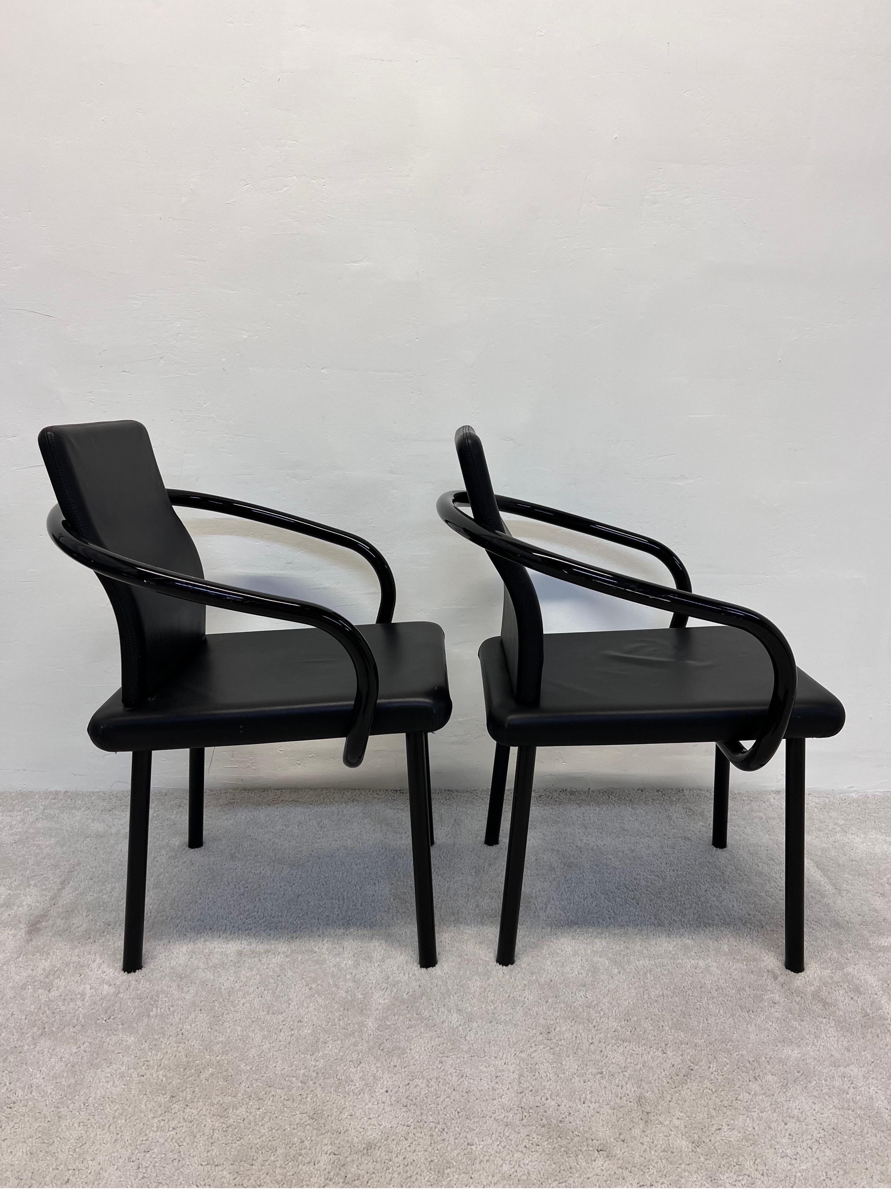 Post-Modern Ettore Sottsass “Mandarin” Black Eco Leather Dining Chairs for Knoll, a Pair For Sale