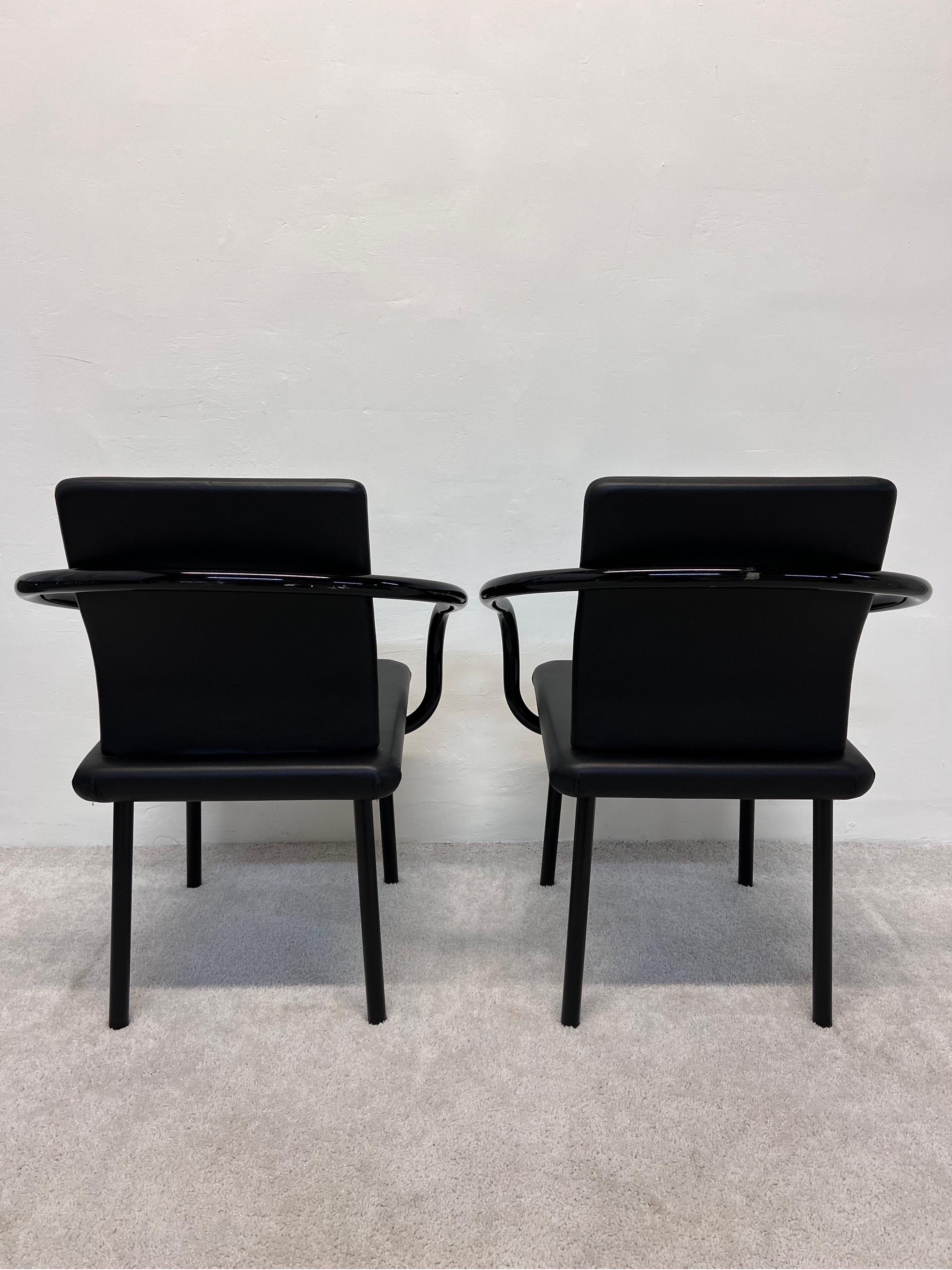 Post-Modern Ettore Sottsass “Mandarin” Black Eco Leather Dining Chairs for Knoll, a Pair For Sale