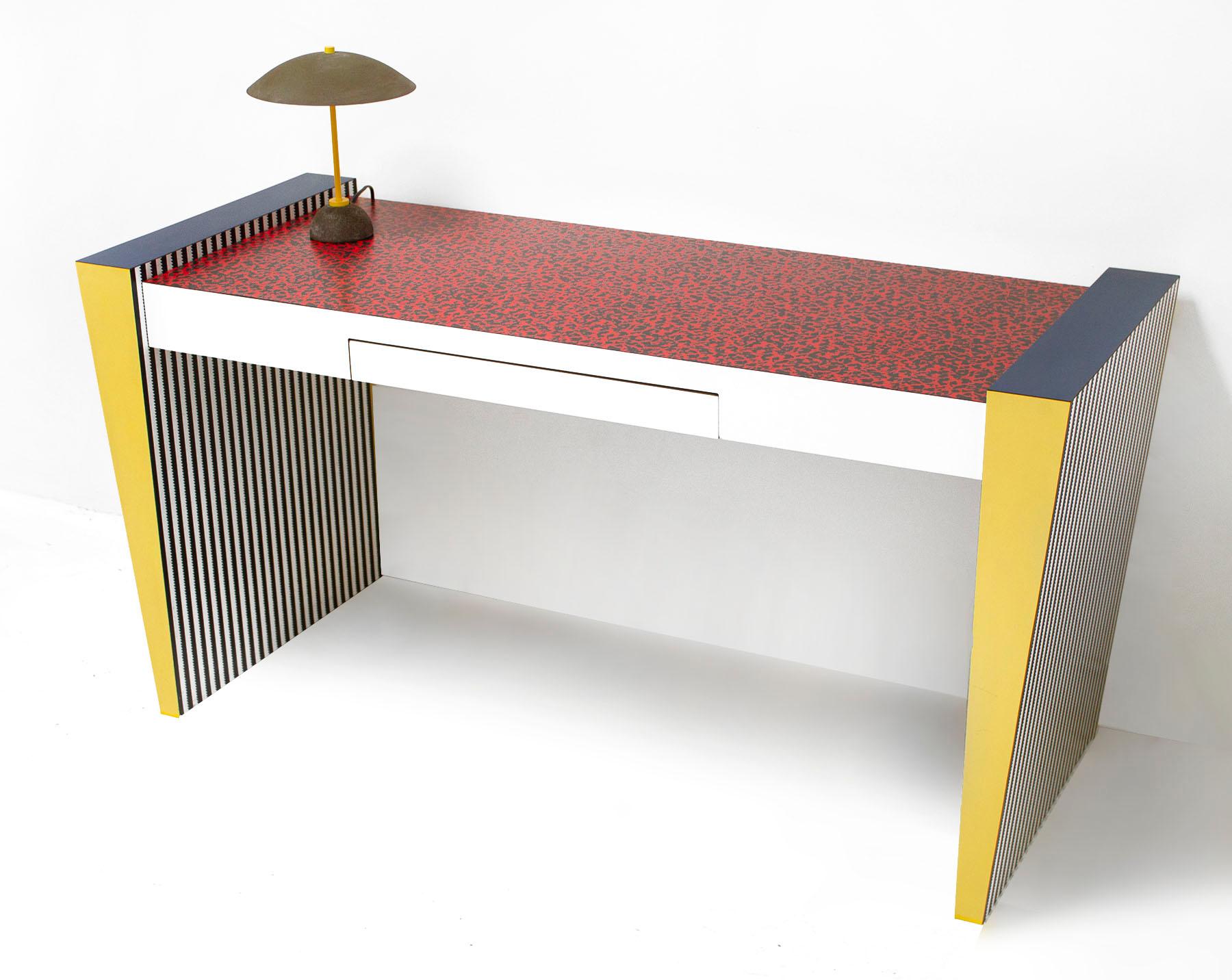 Excellent Post-Modern desk that was purchased through the only licensed Memphis Milano dealer in Dallas, Tx : Grace Designs. This one was selected with a Red 