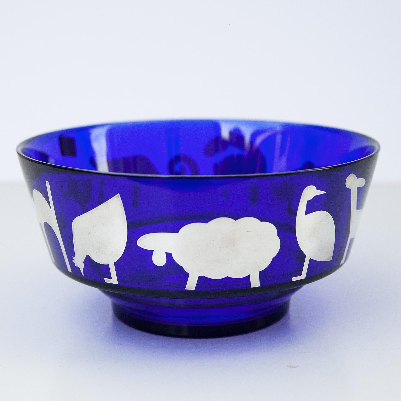Silvered Ettore Sottsass Memphis Egizia Silver Blue Art Glass Bowl, 1990s For Sale