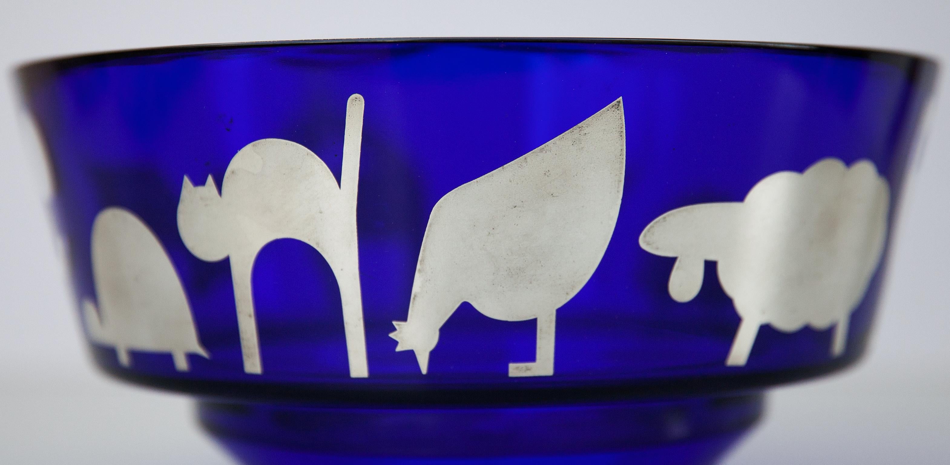Ettore Sottsass Memphis Egizia Silver Blue Art Glass Bowl, 1990s In Good Condition For Sale In Munich, DE
