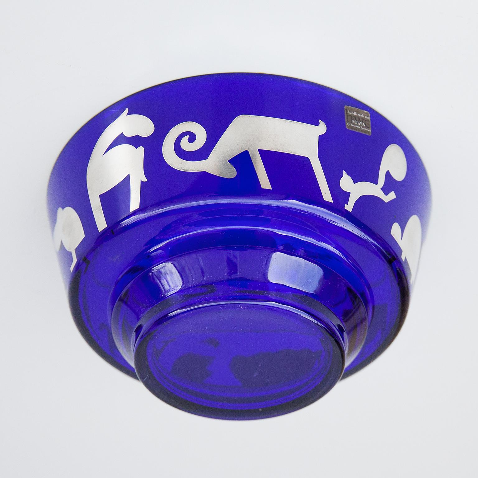 Late 20th Century Ettore Sottsass Memphis Egizia Silver Blue Art Glass Bowl, 1990s For Sale