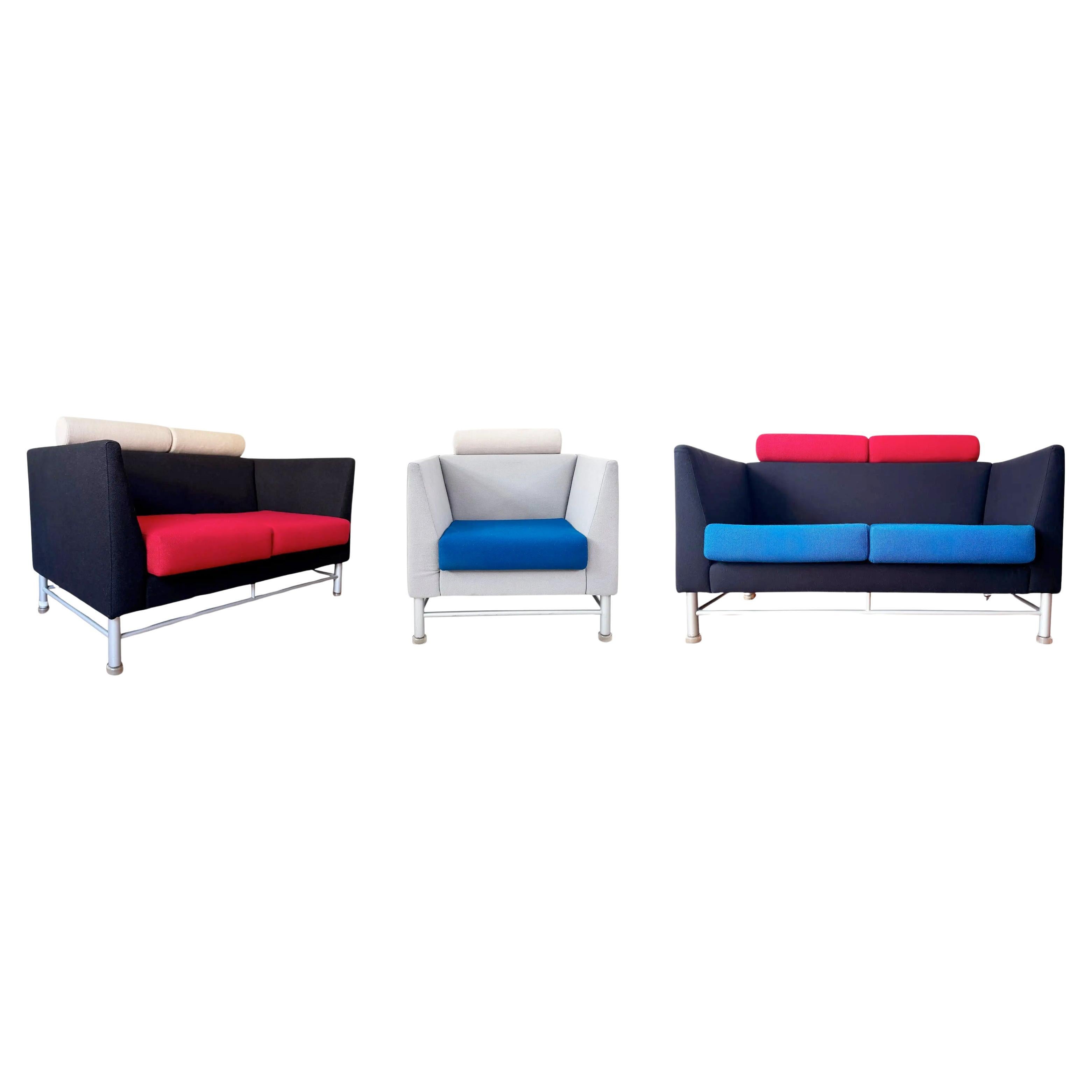 Ettore Sottsass Memphis Knoll 80s Eastside Zwei Sofas +1 Lounge Chair, SET 3 PCS