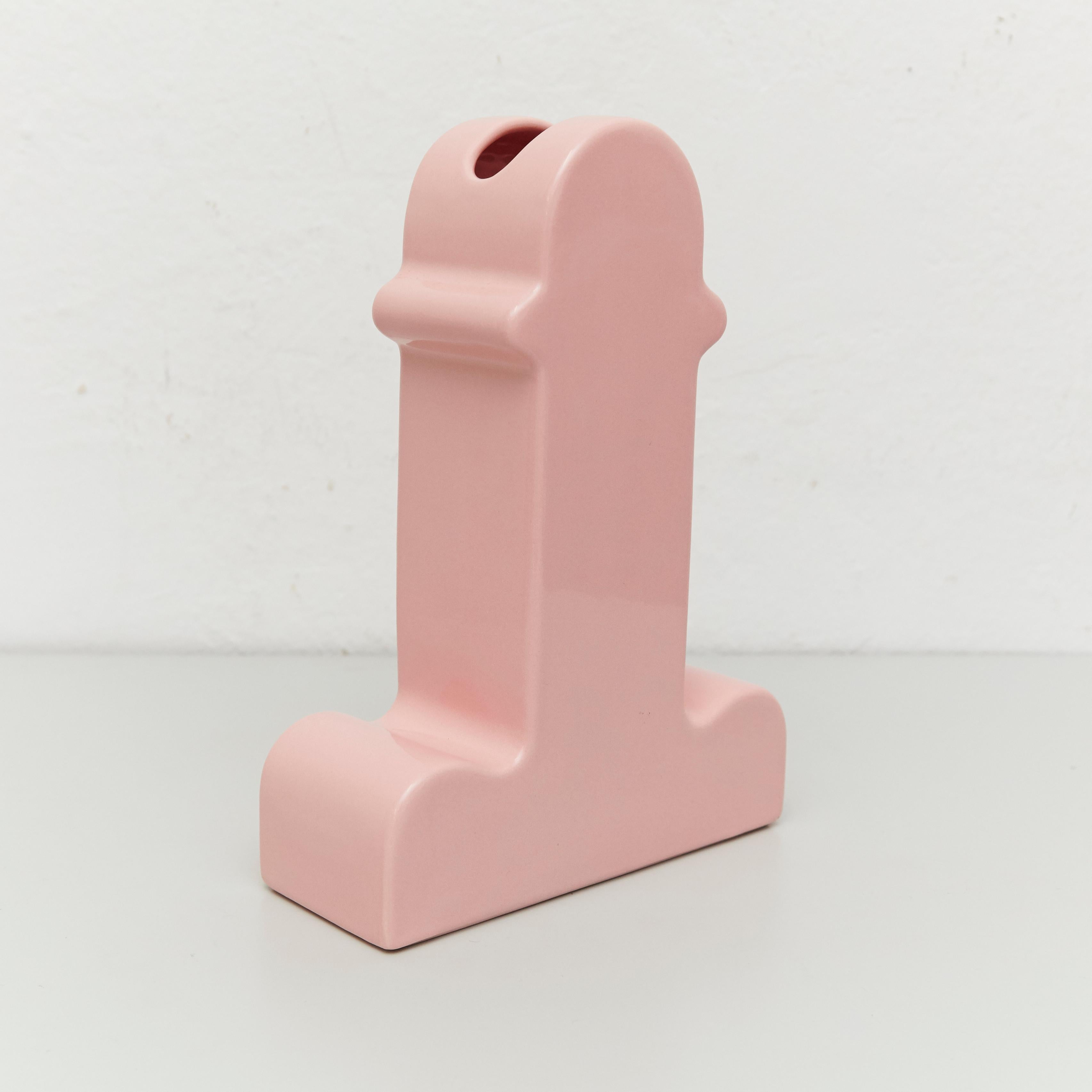 Mid-Century Modern Ettore Sottsass, Memphis, Pink Ceramic Shiva Vase