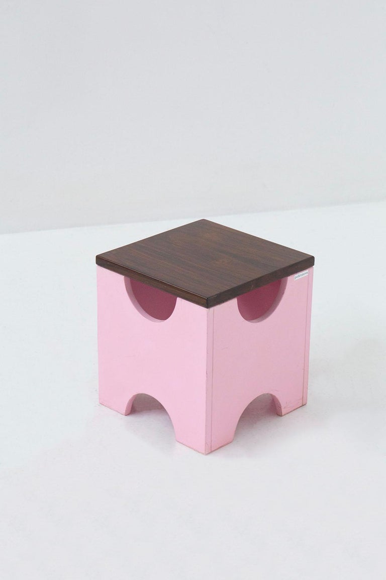 Italian Ettore Sottsass Pair Os Dado Stools Mod. T29 in Pink Wood For Sale