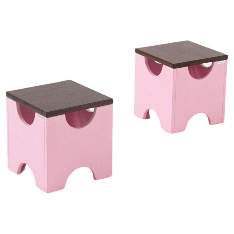 Ettore Sottsass Pair Os Dado Stools Mod. T29 in Pink Wood For Sale