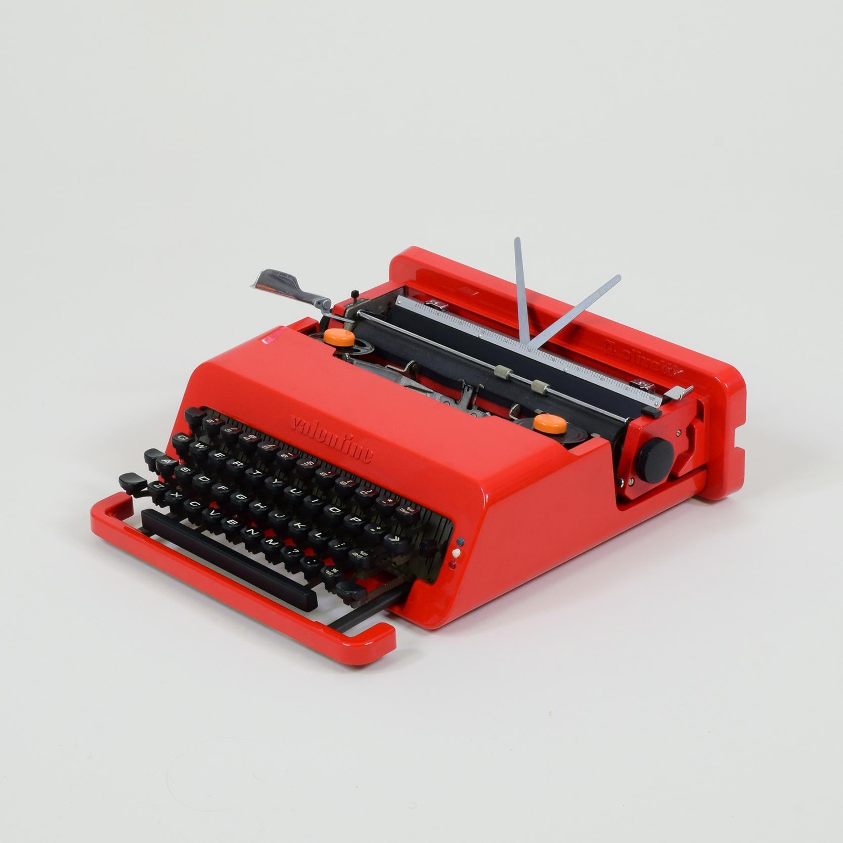 Ettore Sottsass (designer), Austria/Italy
Perry A. King (designer), UK
Olivetti (manufacturer), Italy
Valentine portable typewriter, designed 1968

Red ABS plastic (and other plastics and metals). Original case.

Condition: Fully functional.