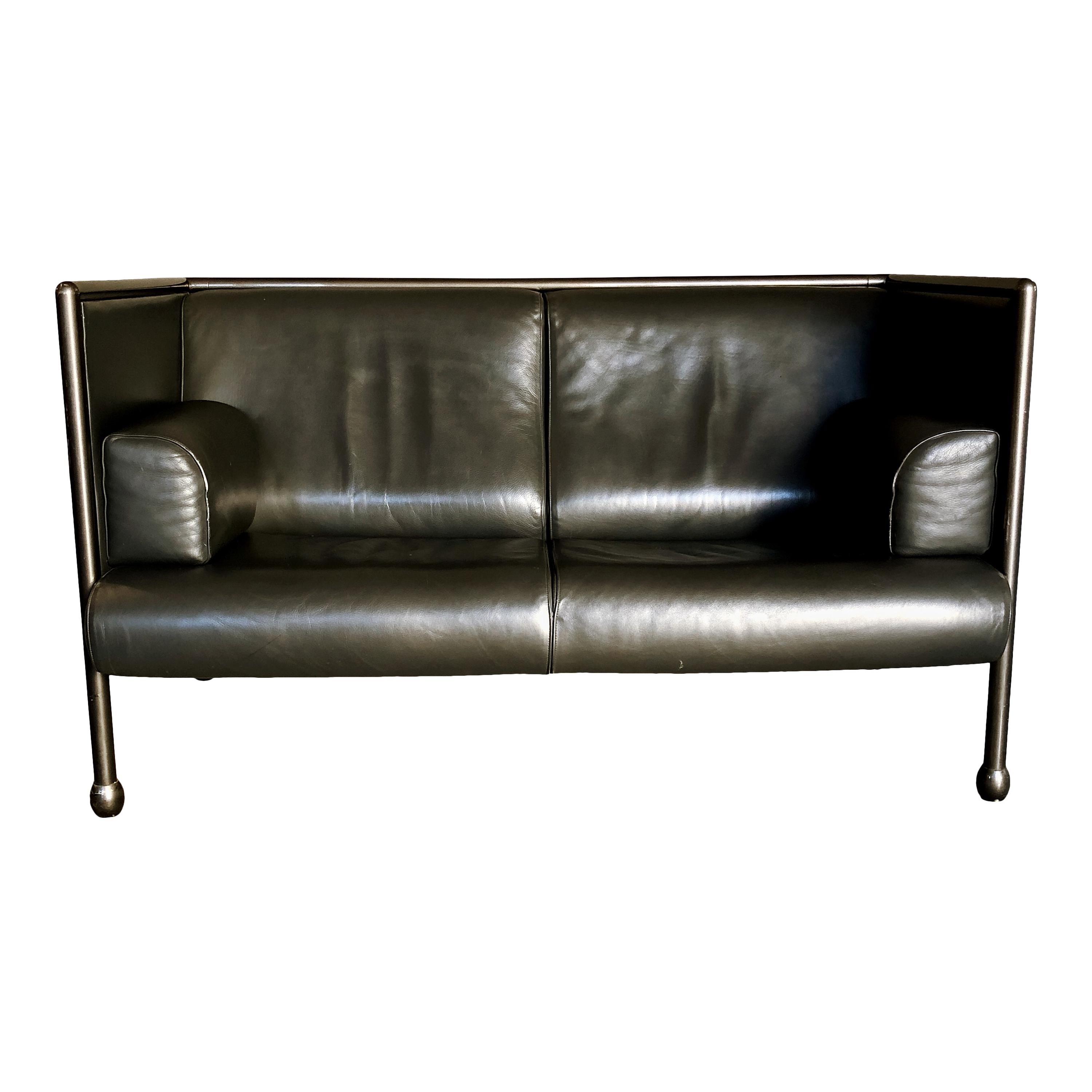 Post-Modern Ettore Sottsass Postmodern Iron and Black Leather Danube Sofa for Cassina, 1992 For Sale
