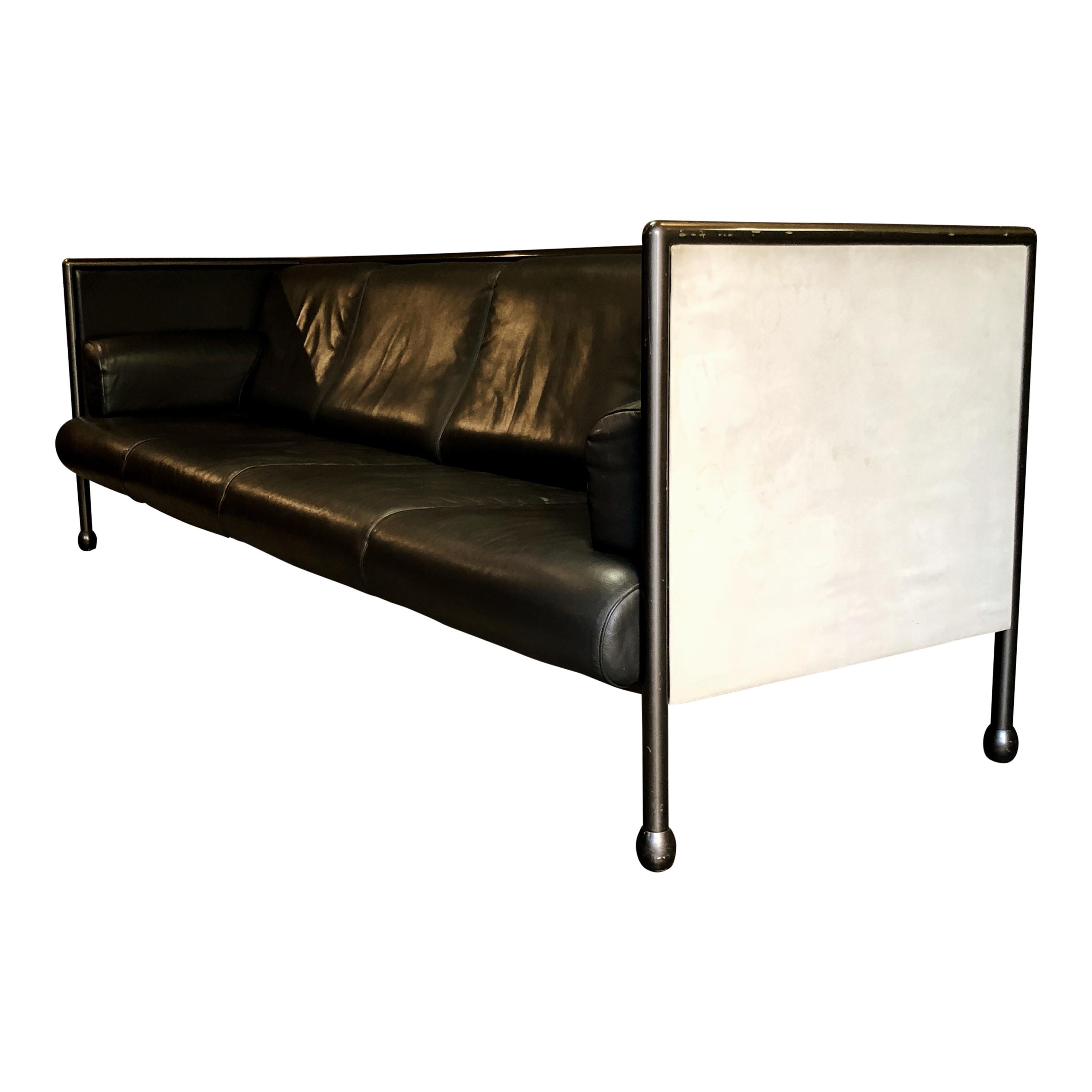 Aluminum Ettore Sottsass Postmodern Iron and Black Leather Danube Sofa for Cassina, 1992 For Sale