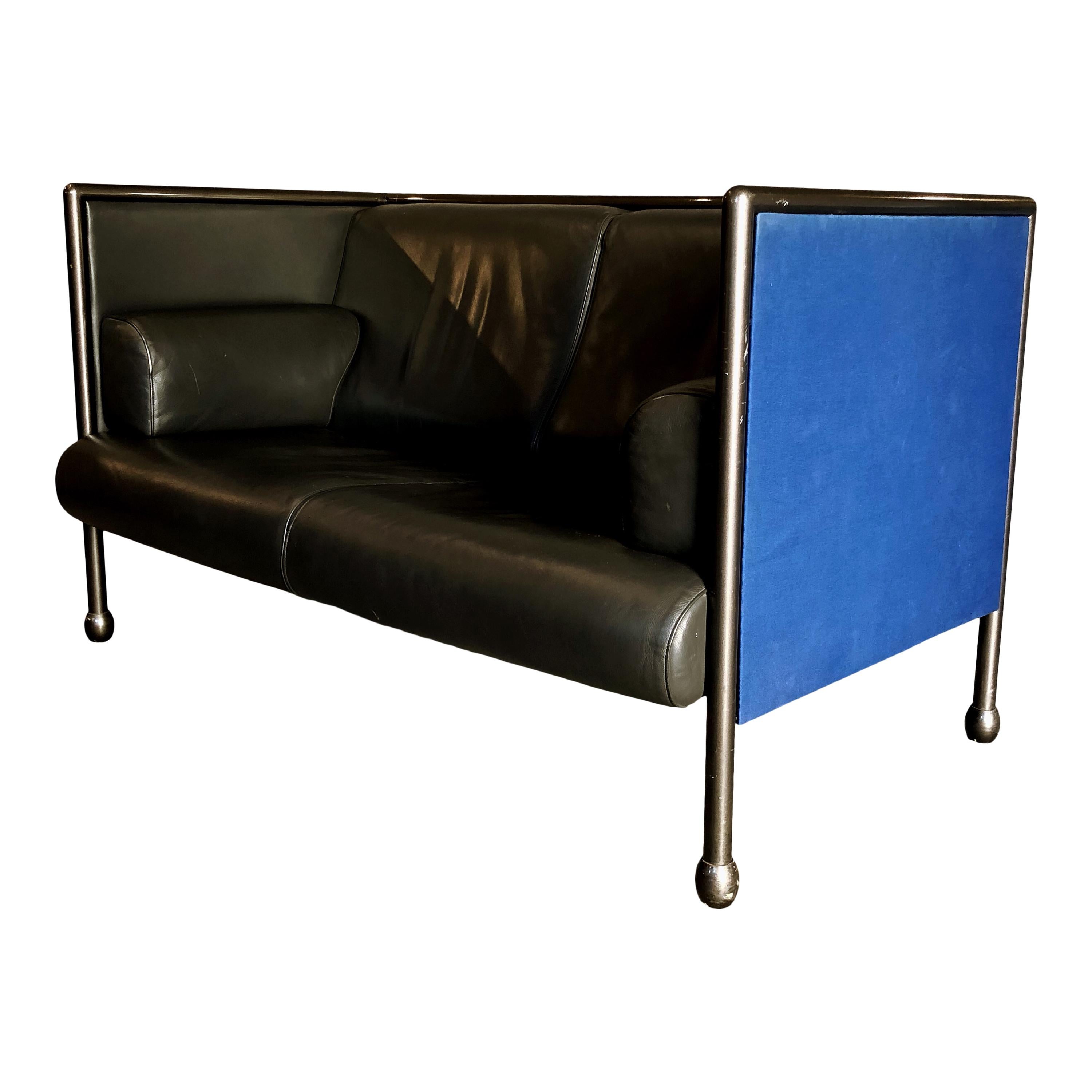 Aluminum Ettore Sottsass Postmodern Iron and Black Leather Danube Sofa for Cassina, 1992 For Sale