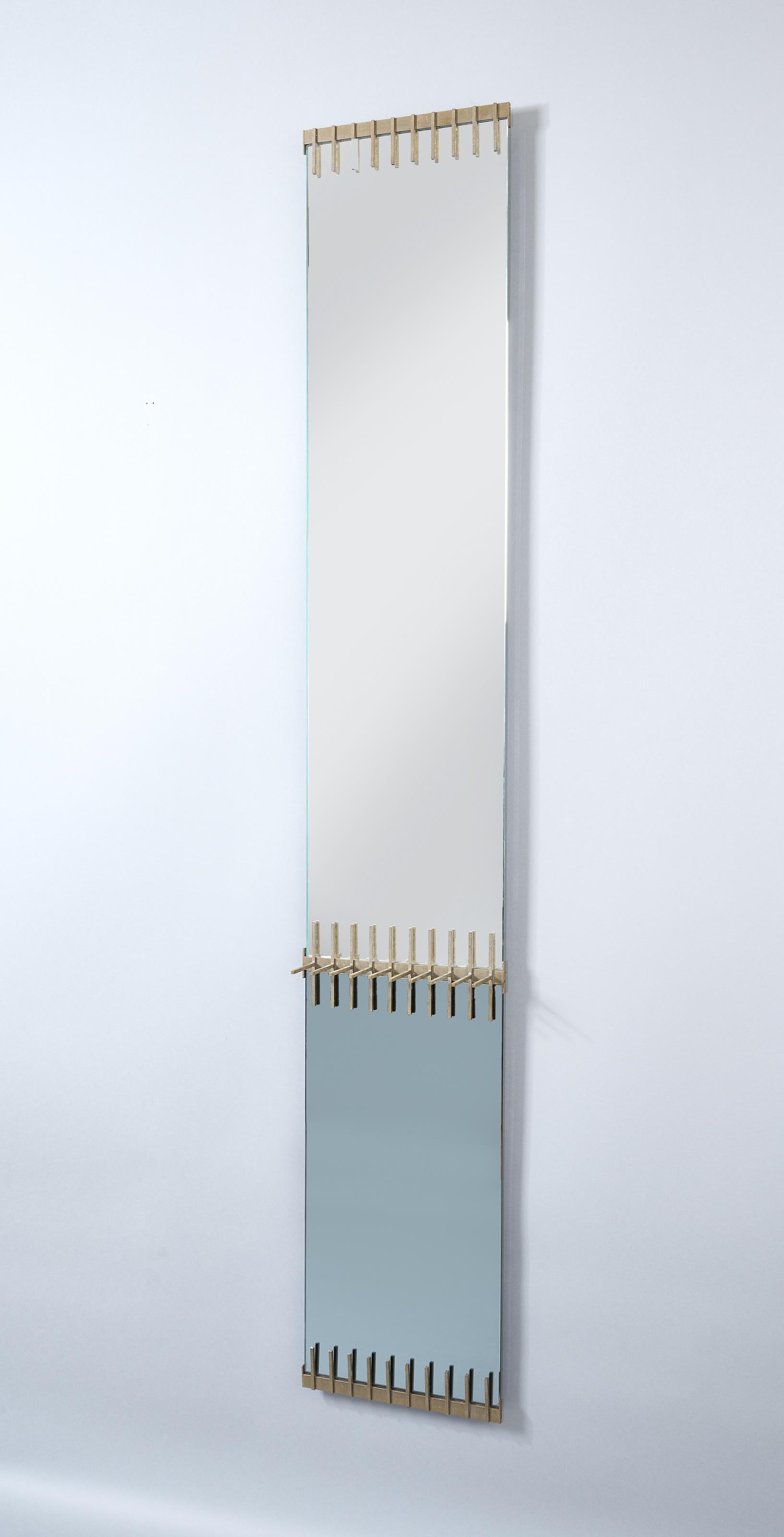 Italian Ettore Sottsass: Rare Brass Mirror with Two-Colored Glass and Shelf, Italy 1958 For Sale