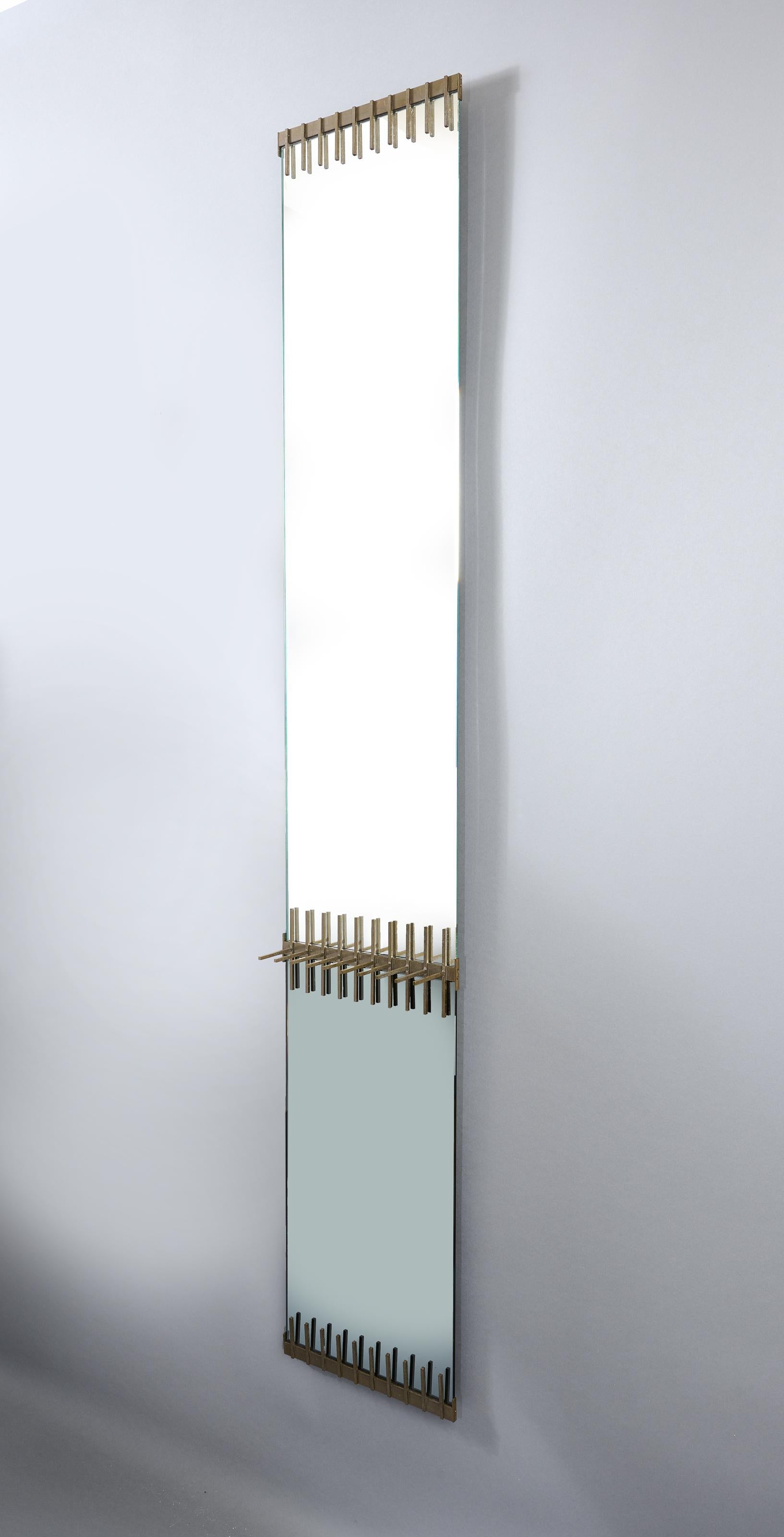 Ettore Sottsass: Rare Brass Mirror with Two-Colored Glass and Shelf, Italy 1958 In Good Condition For Sale In New York, NY