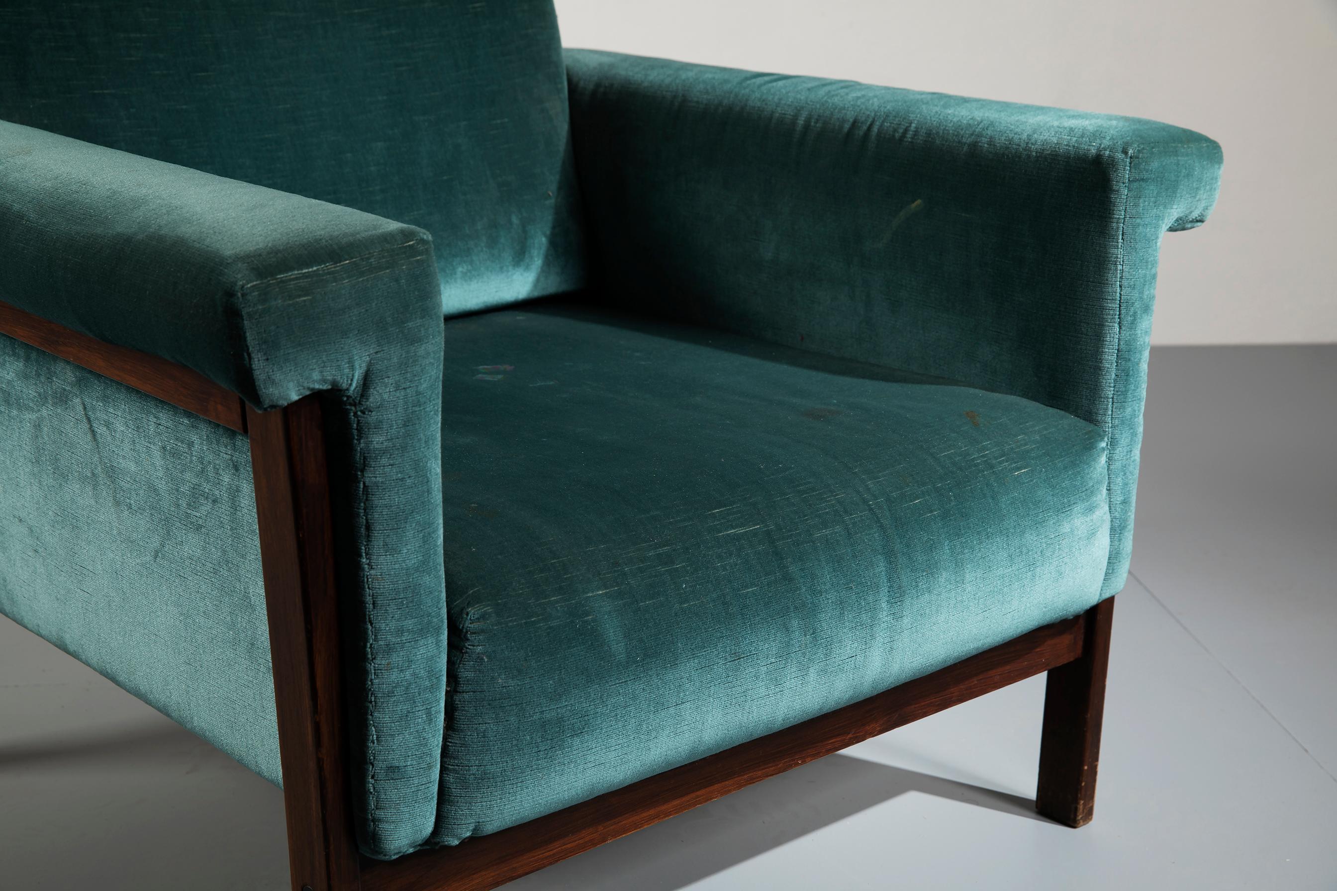 Italian Ettore Sottsass Rosewood and Teal Fabric 'Canada' Armchair for Poltronova, 1958 For Sale
