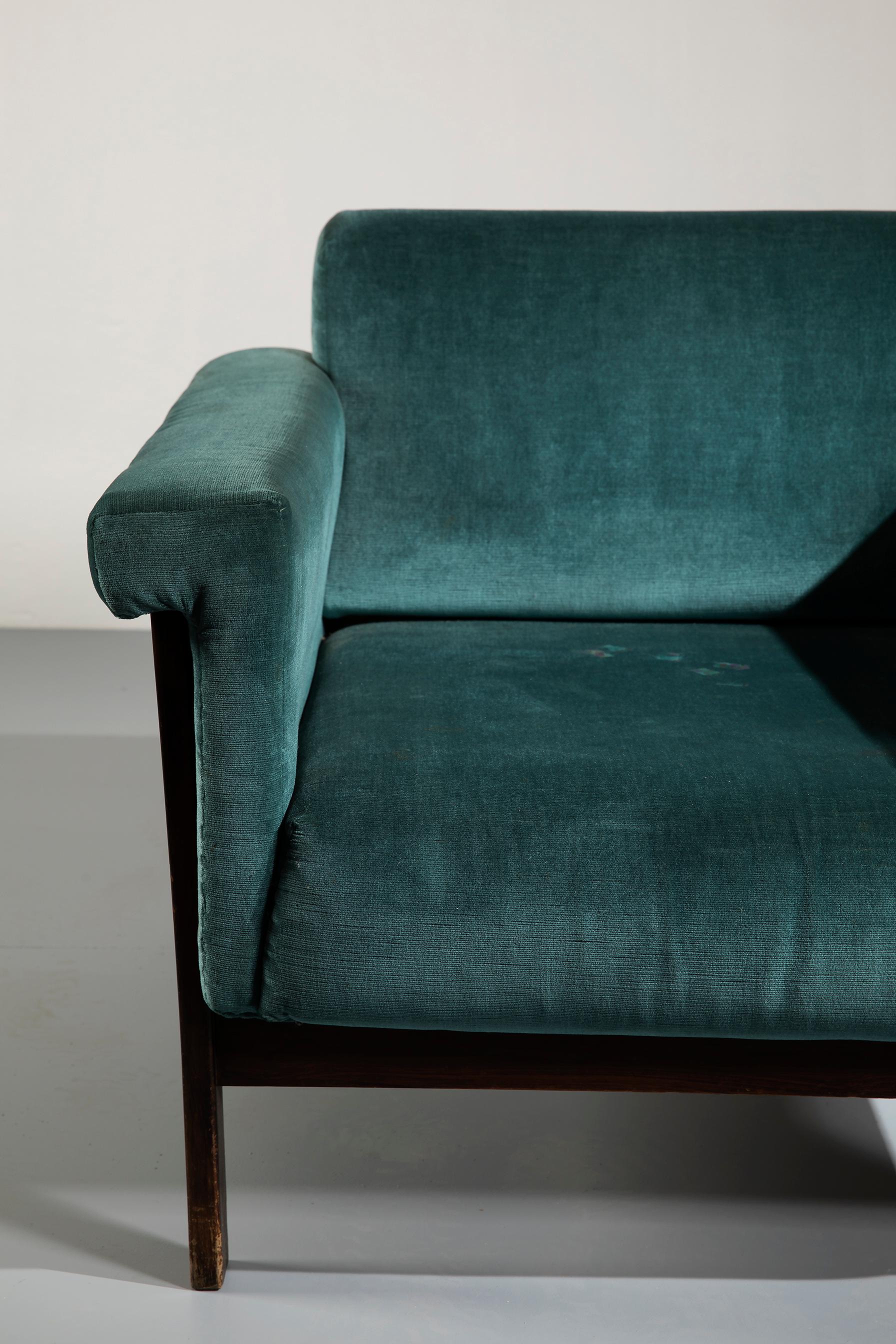 Mid-20th Century Ettore Sottsass Rosewood and Teal Fabric 'Canada' Armchair for Poltronova, 1958 For Sale