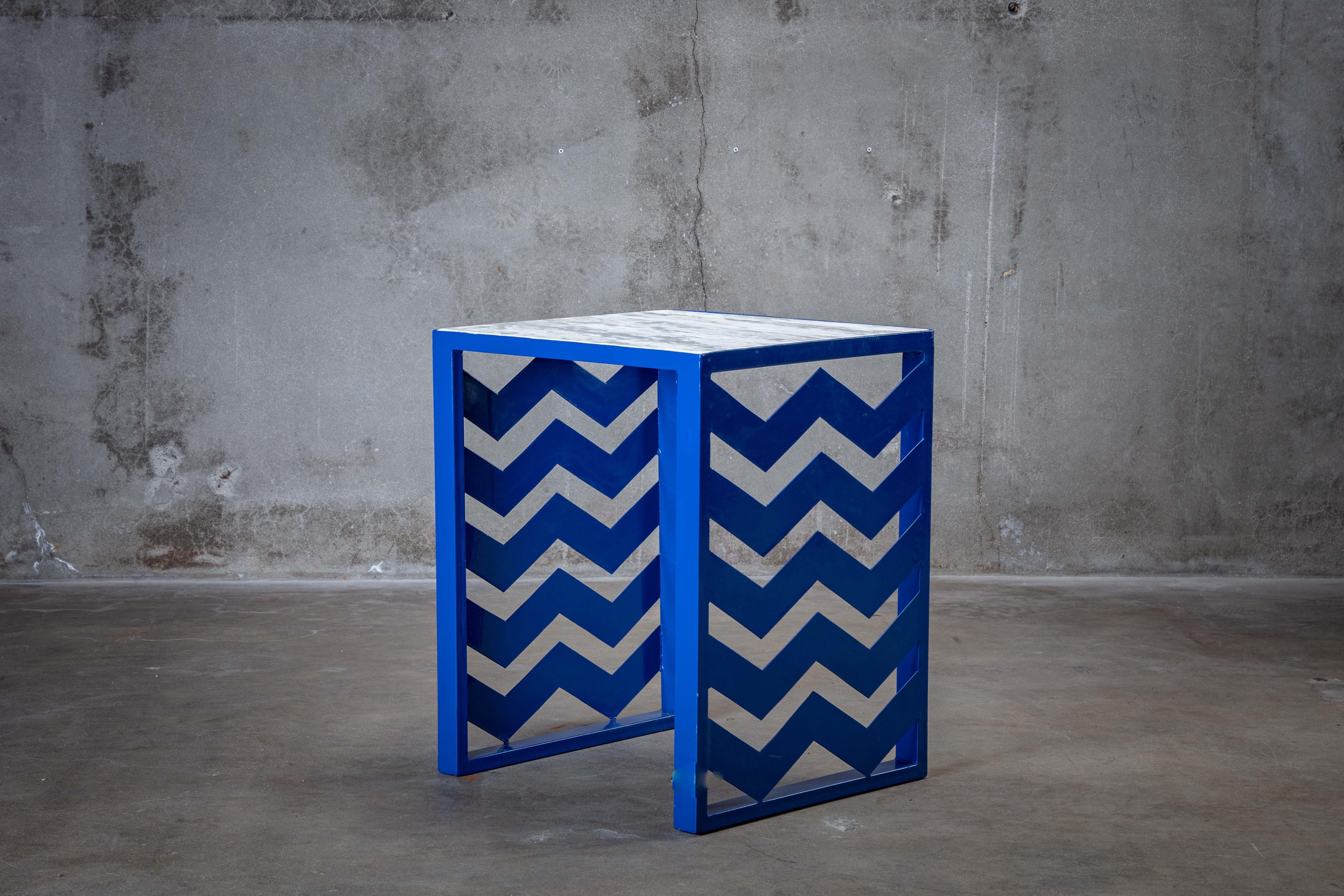 Ettore Sottsass (1917-2007) Italian marble top side table with blue painted metal base.
  