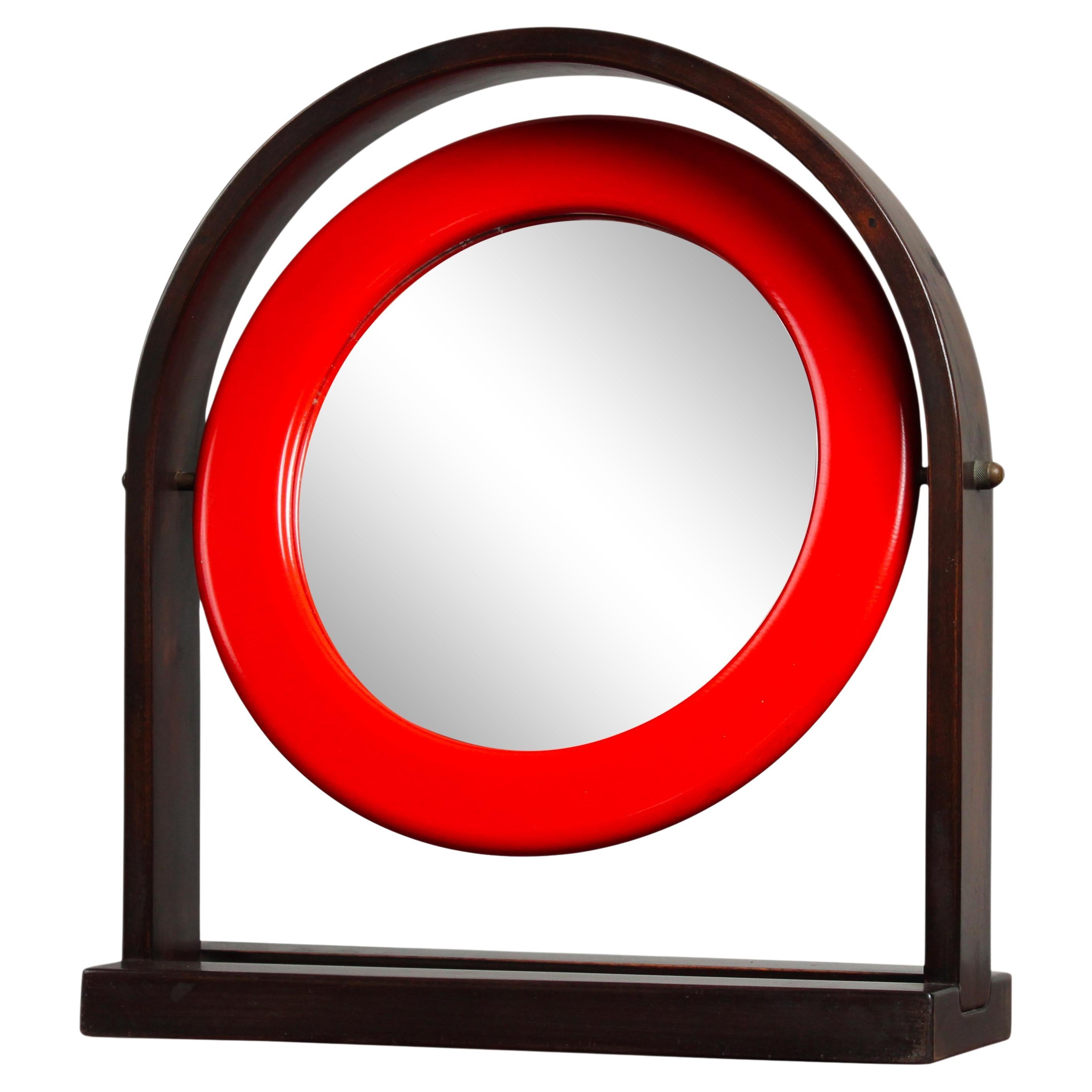 Ettore Sottsass SP63 “Sandretta” Table Mirror for Poltronova, Red Lacquered Wood For Sale