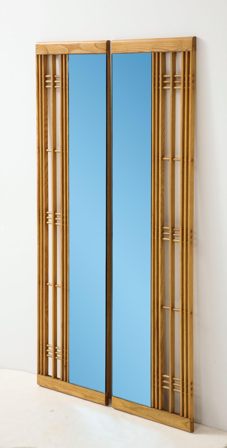 Ettore Sottsass Style Oak and Blue Glass Two-Piece Mirror For Sale 4