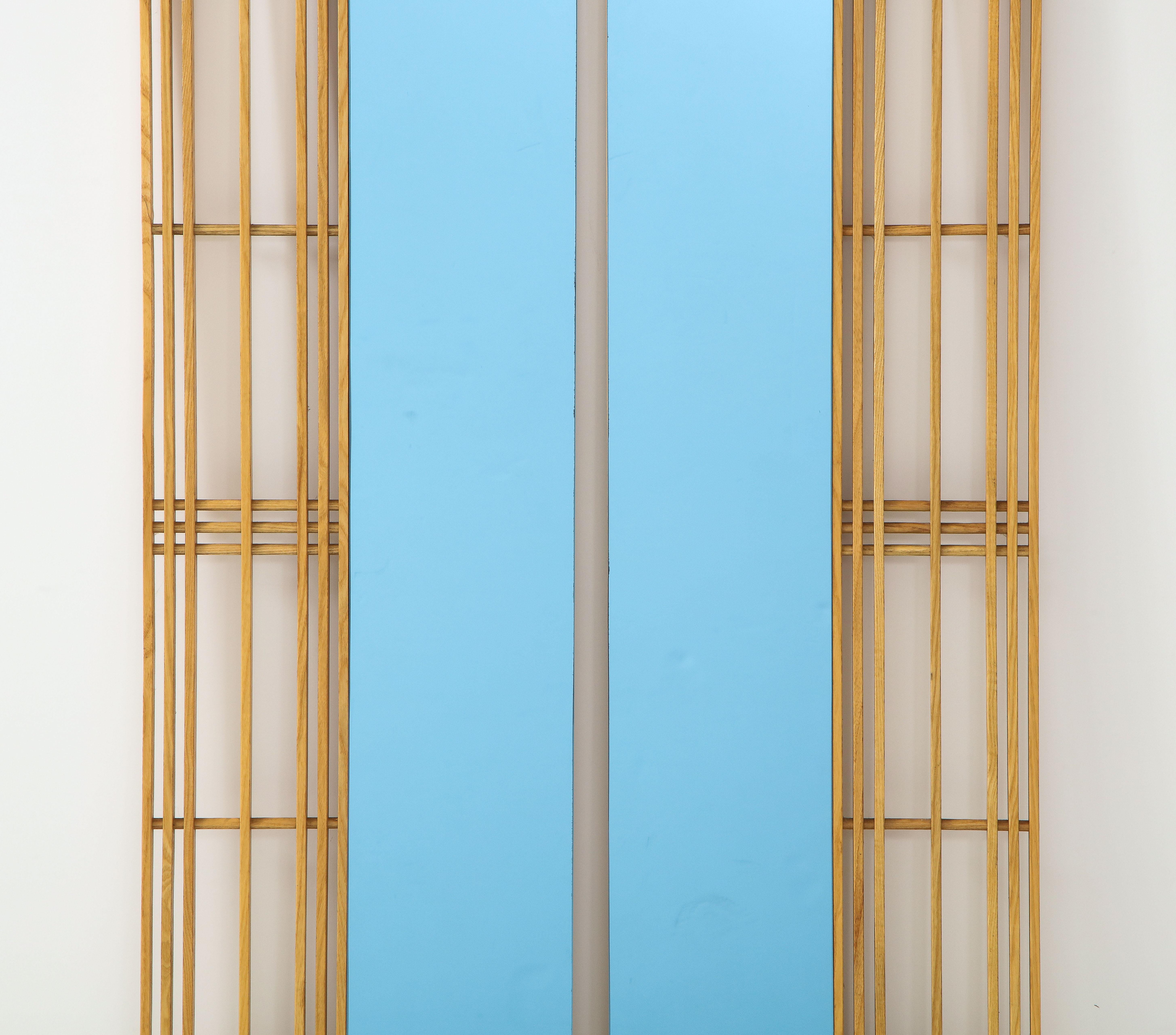 Mid-Century Modern Ettore Sottsass Style Oak and Blue Glass Two-Piece Mirror For Sale