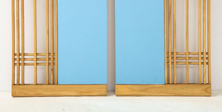 Italian Ettore Sottsass Style Oak and Blue Glass Two-Piece Mirror For Sale
