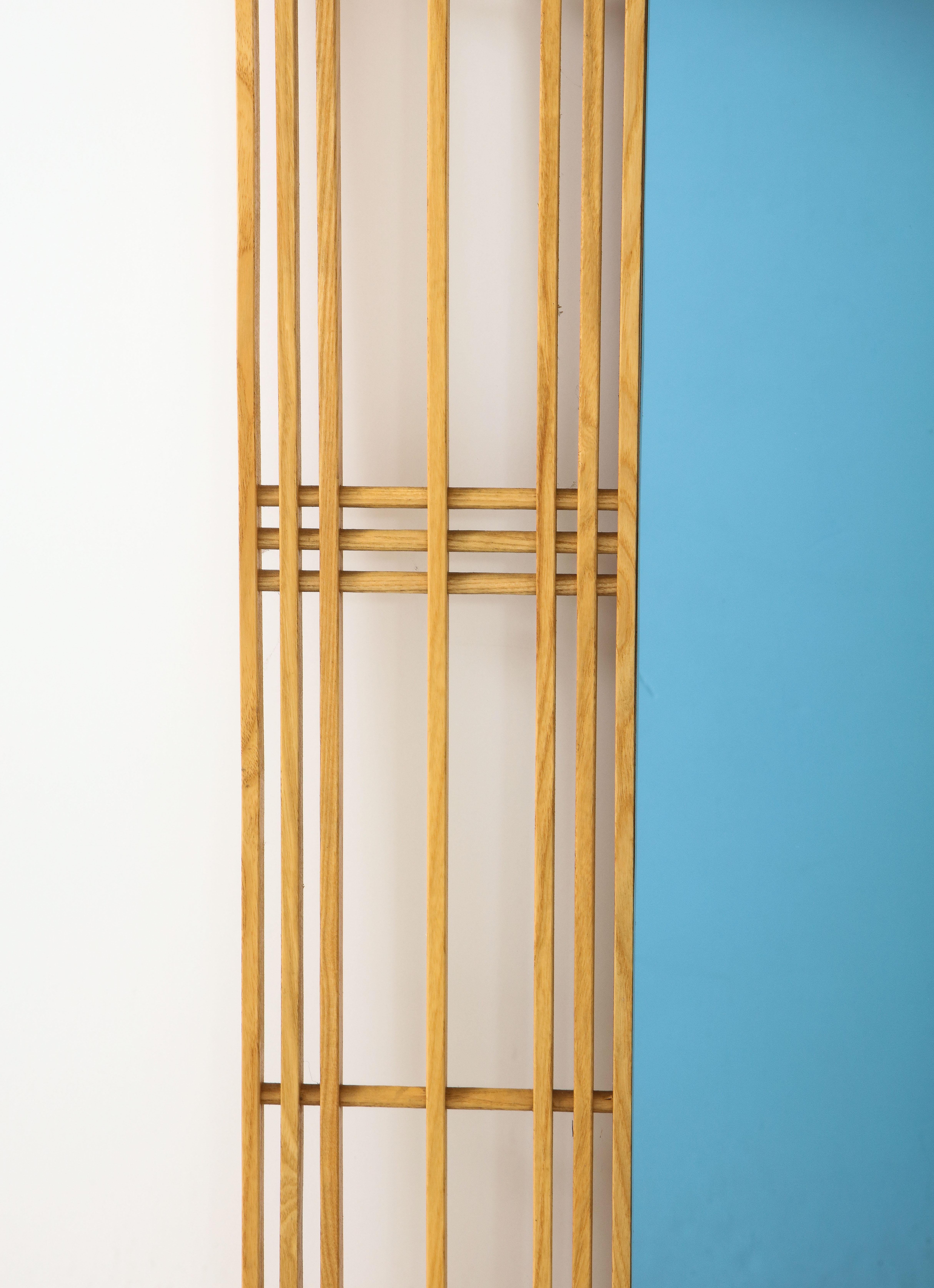 Ettore Sottsass Style Oak and Blue Glass Two-Piece Mirror In Good Condition For Sale In New York, NY