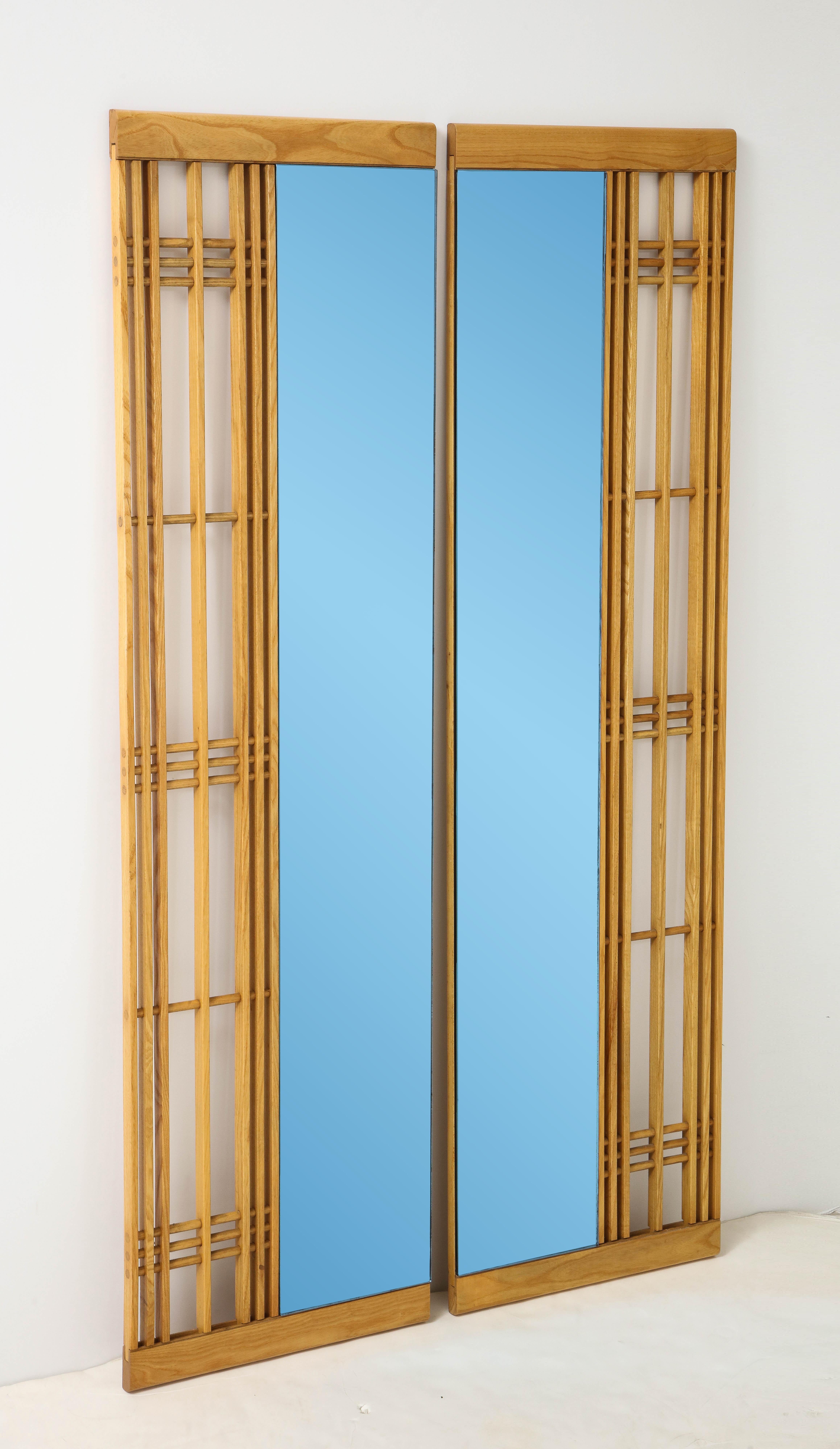 Late 20th Century Ettore Sottsass Style Oak and Blue Glass Two-Piece Mirror For Sale