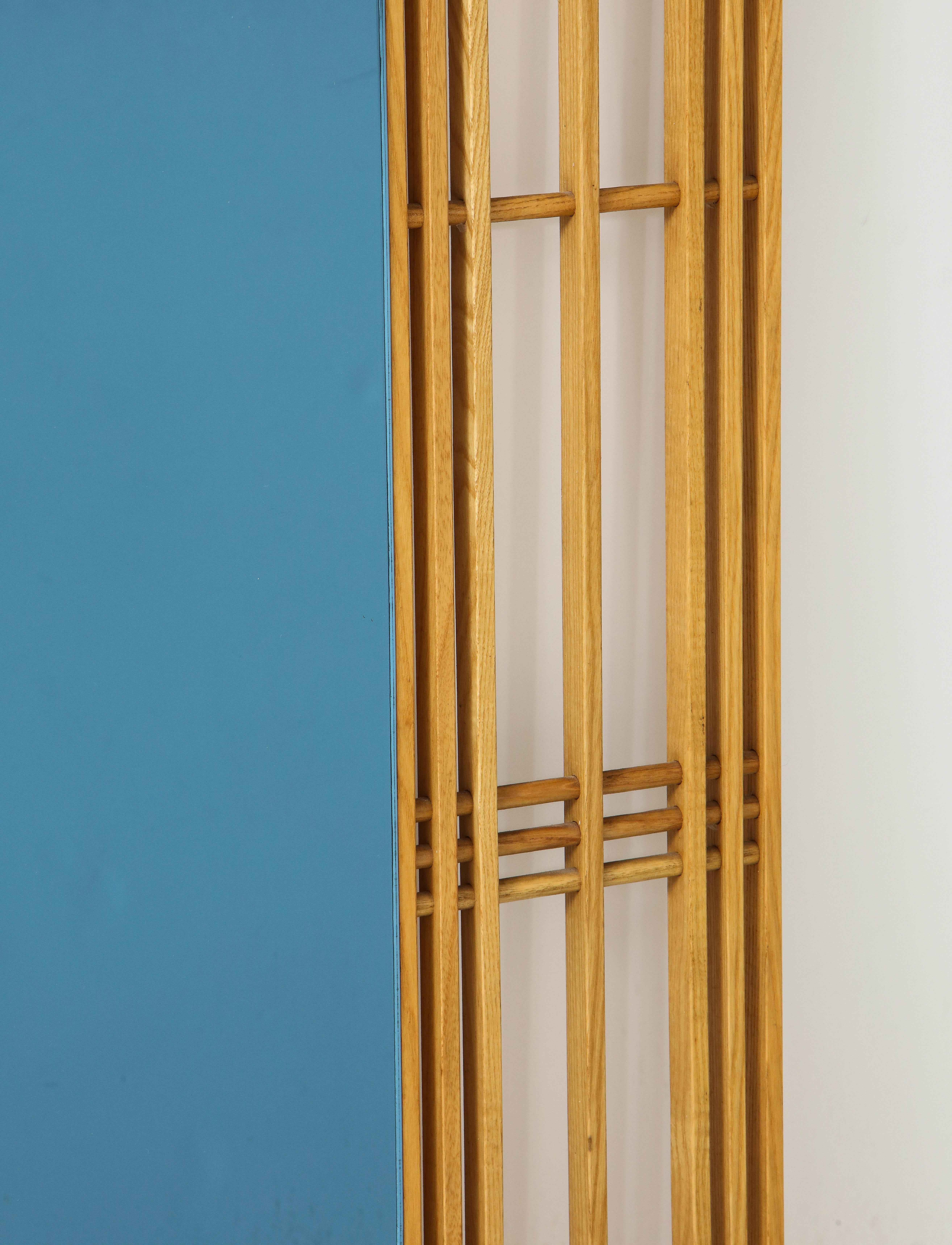 Ettore Sottsass Style Oak and Blue Glass Two-Piece Mirror For Sale 2
