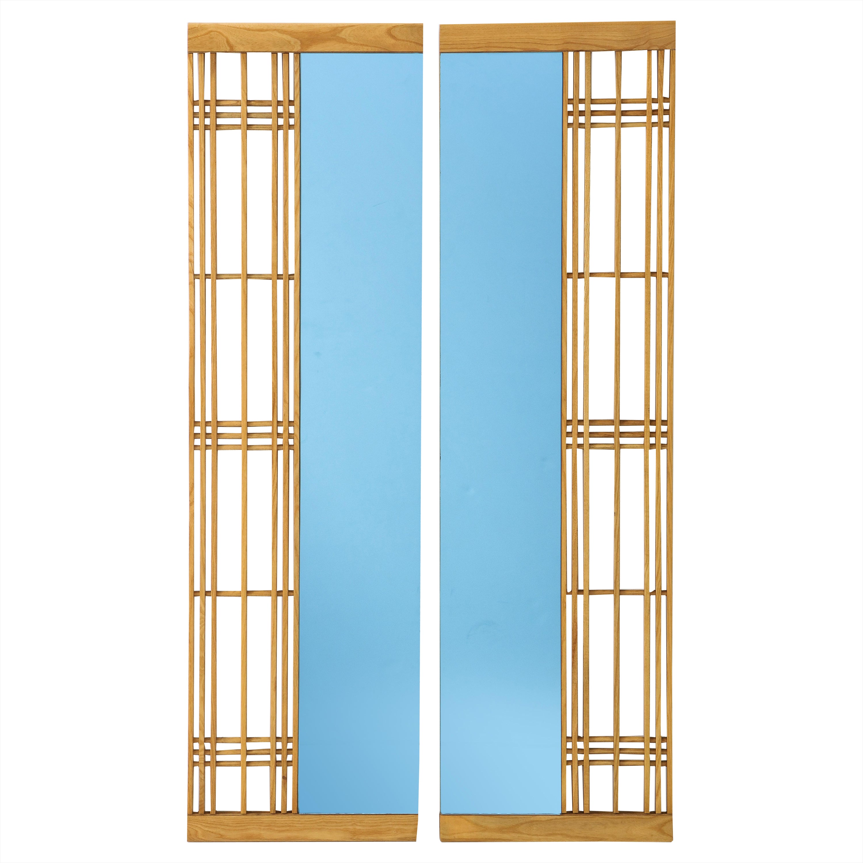 Ettore Sottsass Style Oak and Blue Glass Two-Piece Mirror For Sale