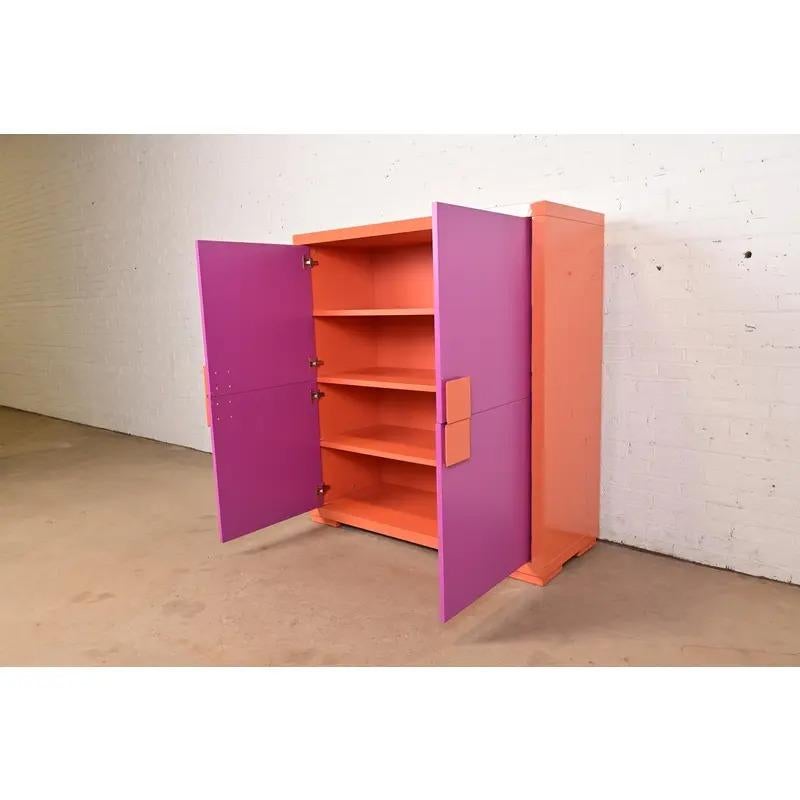 Ettore Sottsass Style Postmodern Magenta and Orange Lacquered Cabinet For Sale 1
