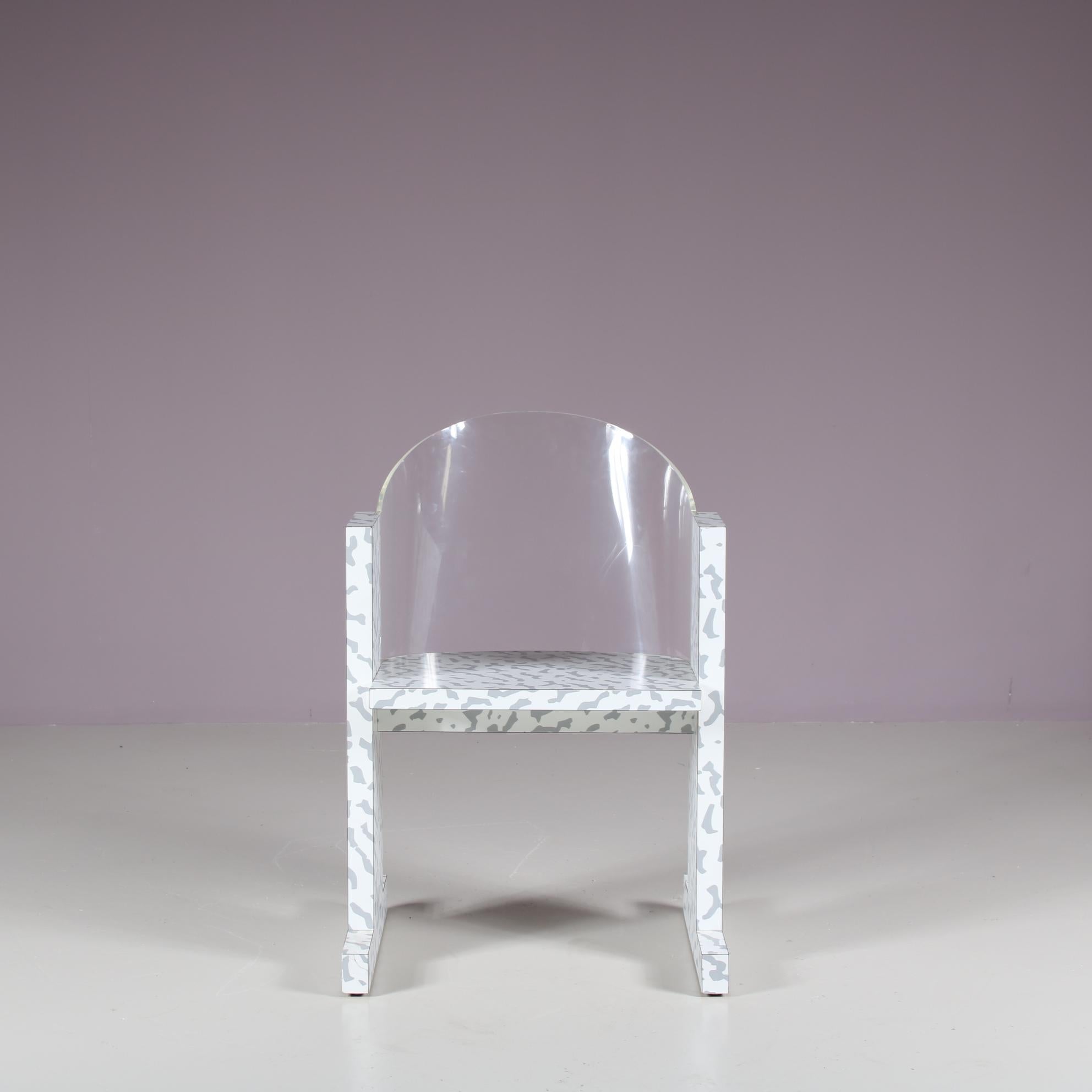 A wonderful “Teodora” side chair, designed by Ettore Sottsass and manufactured by Vitra in Germany around 1985.

This unique chair is an outstanding piece in Memphis style, designed by iconic designer Sottsass shortly after leaving the Memphis