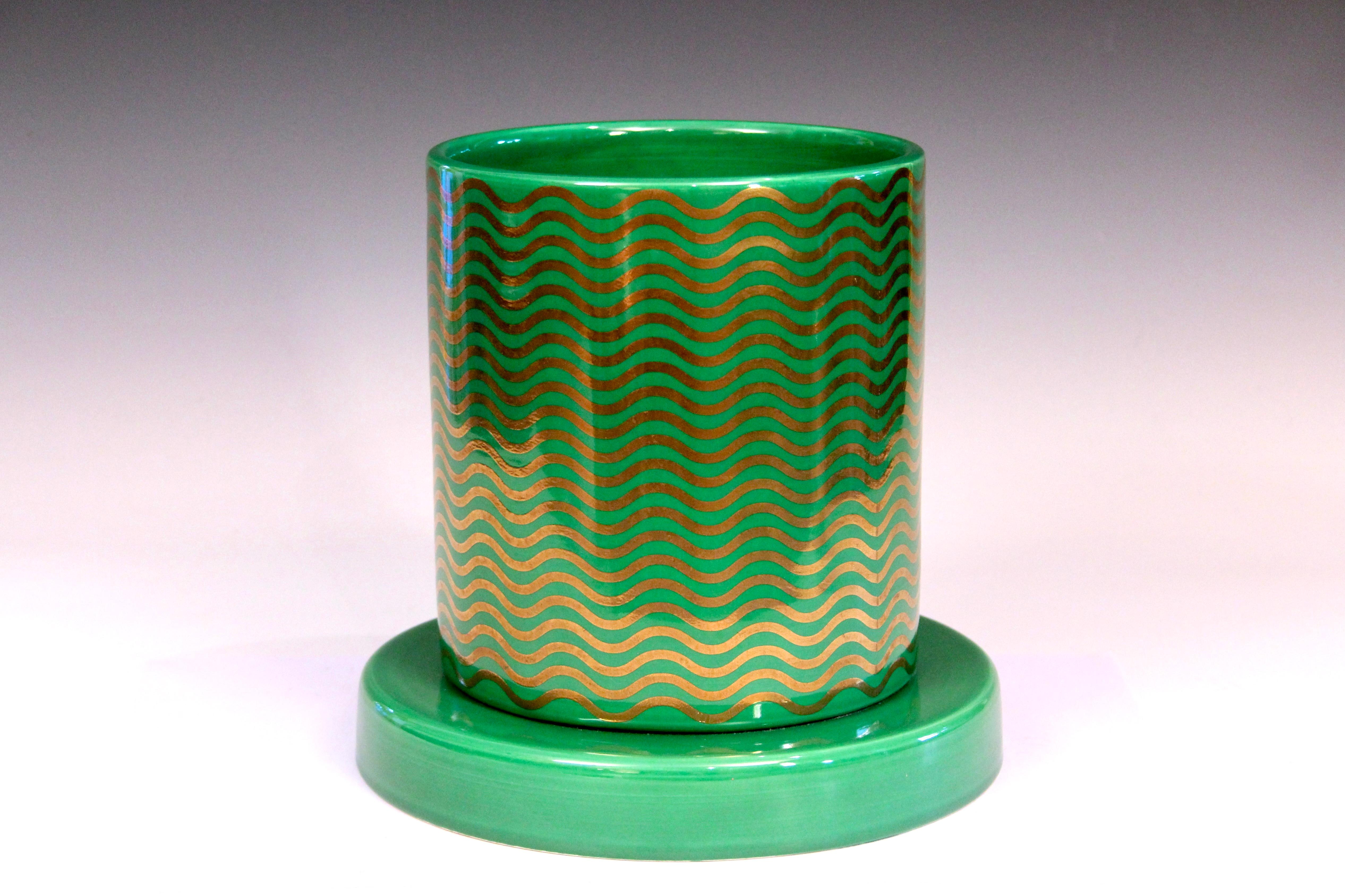 Post-Modern Ettore Sottsass Vase Mediterraneo Green Gilt Waves Lavori in Corso Signed Dated For Sale