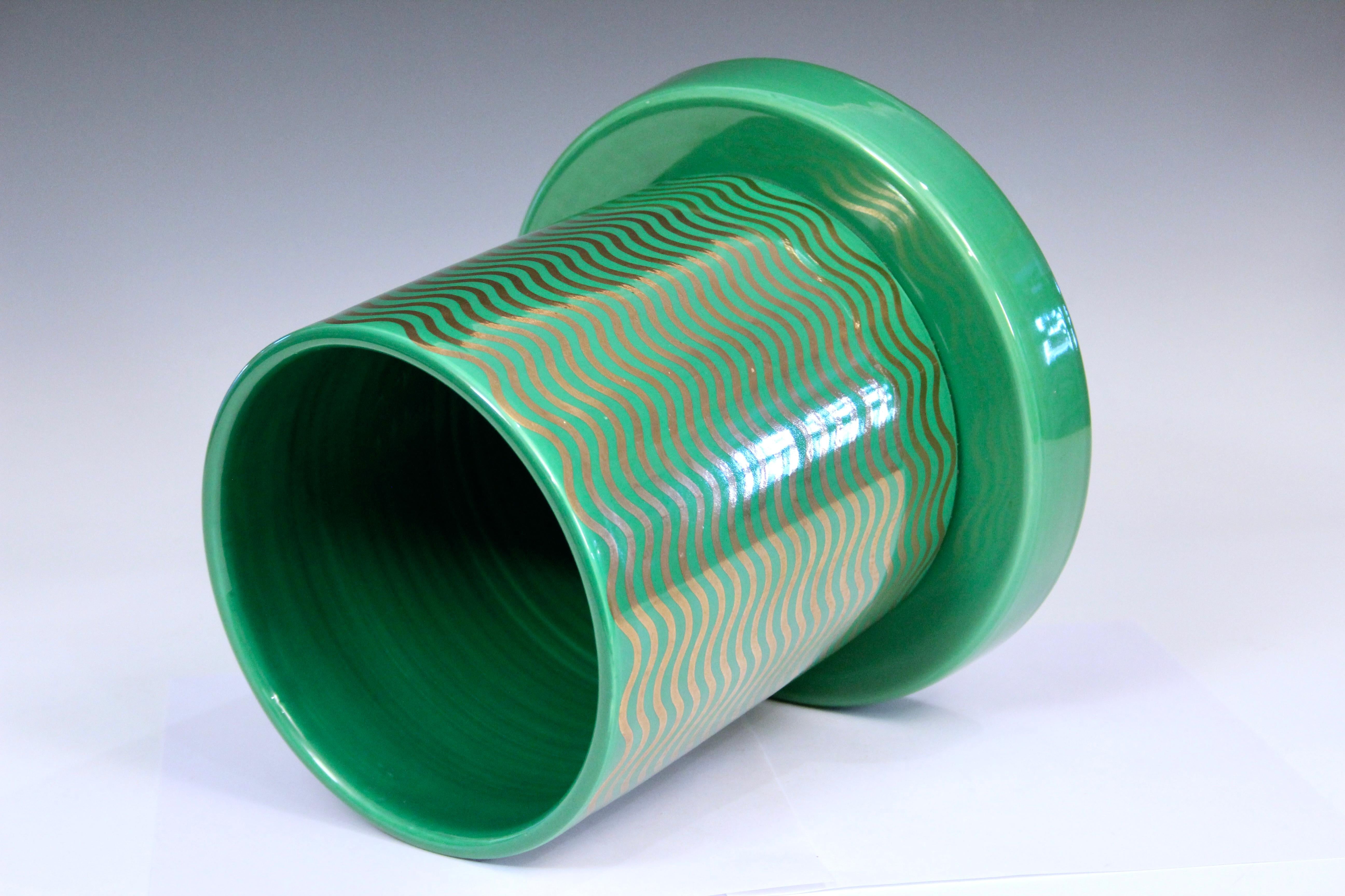 Turned Ettore Sottsass Vase Mediterraneo Green Gilt Waves Lavori in Corso Signed Dated For Sale