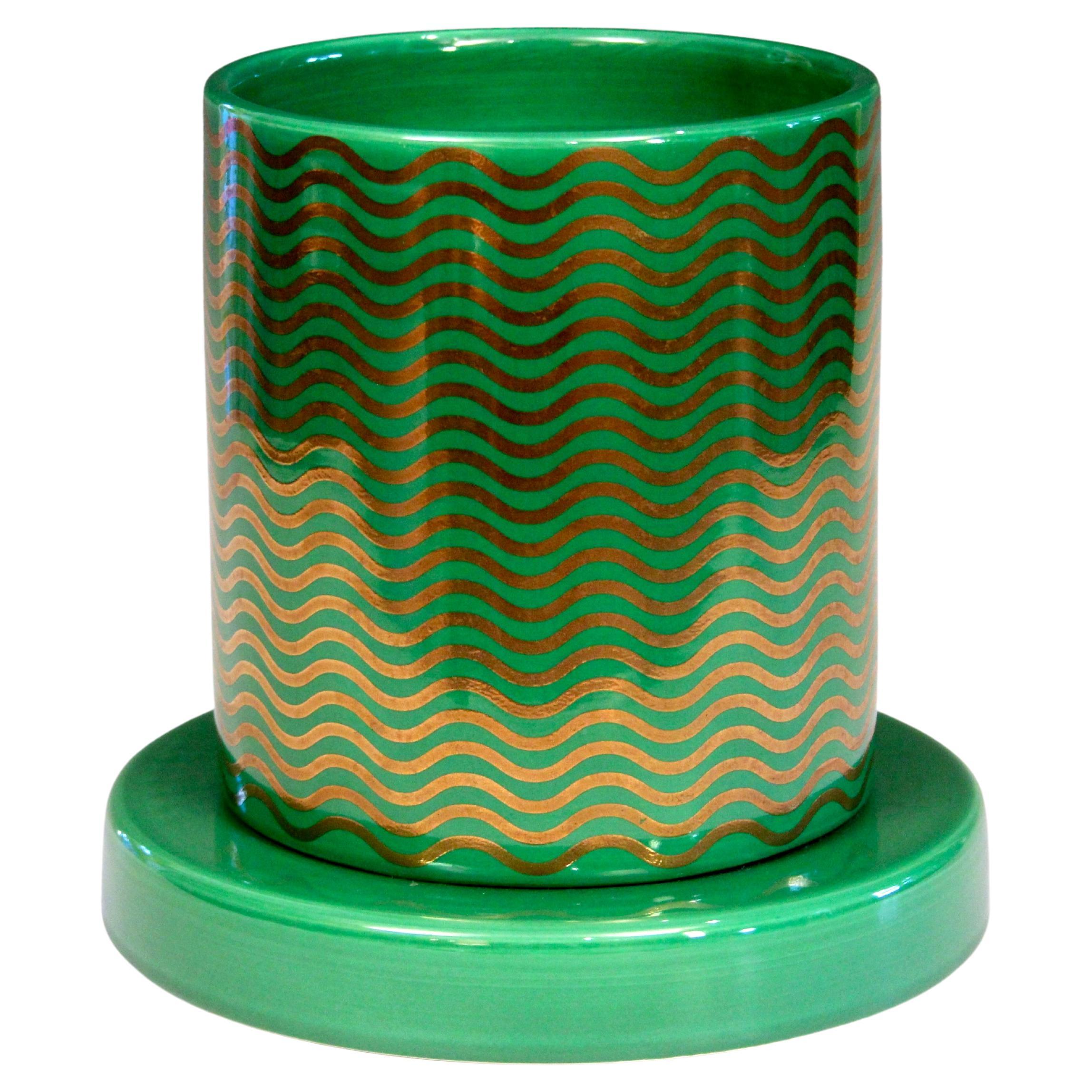 Ettore Sottsass Vase Mediterraneo Green Gilt Waves Lavori in Corso Signed Dated For Sale
