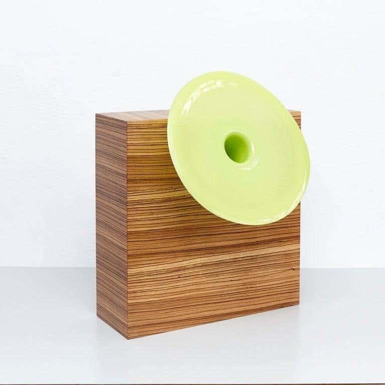 Modern Ettore Sottsass W Limited Edition Vase in Wood and Murano Glass for Flowers