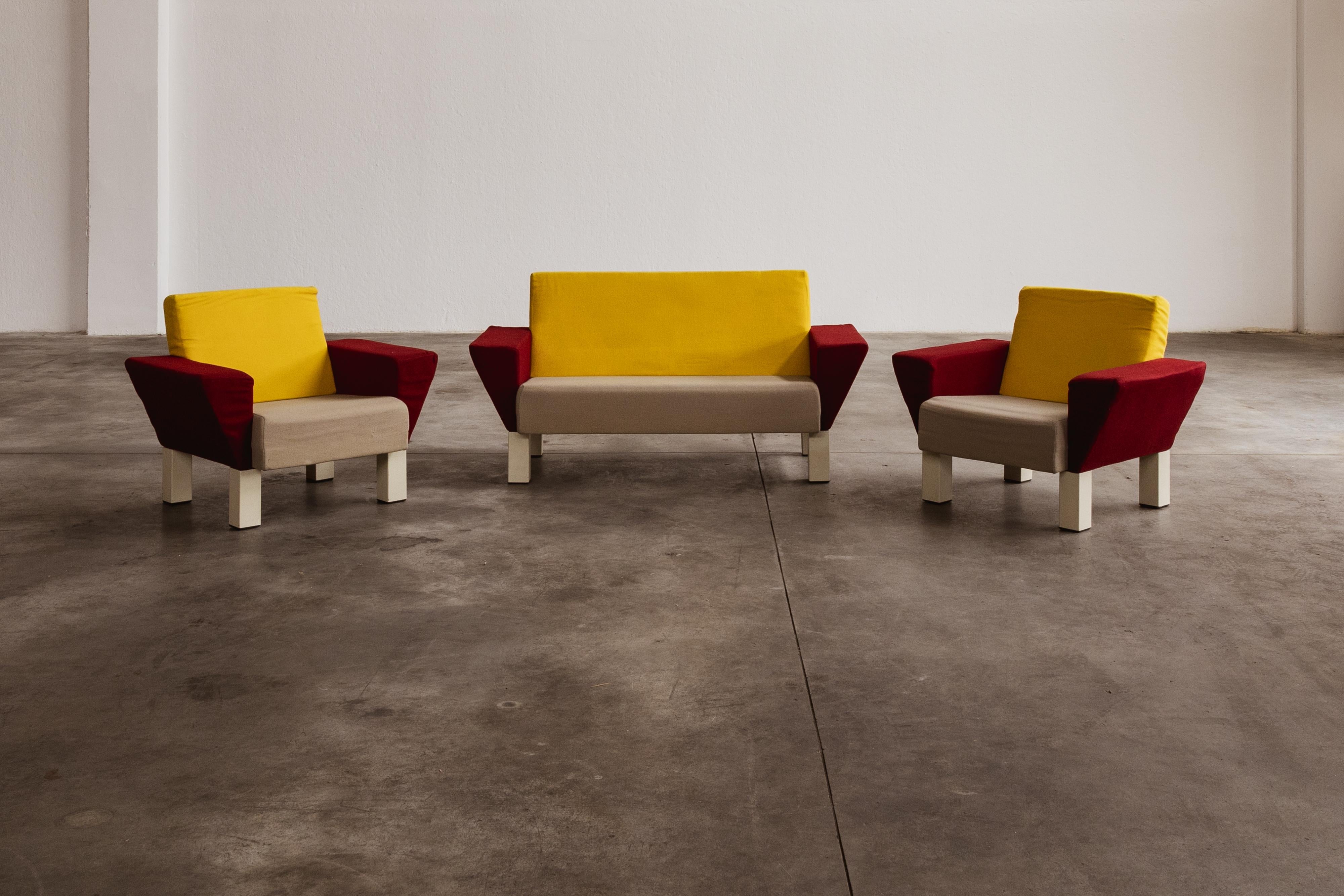 Ettore Sottsass “Westside” Living Room Set for Knoll International, foam and fabric, Italy, 1982, set of three.

The “Westside” collection is an iconic project created by Ettore Sottsass in 1982, two years after the founding of Memphis Collective.