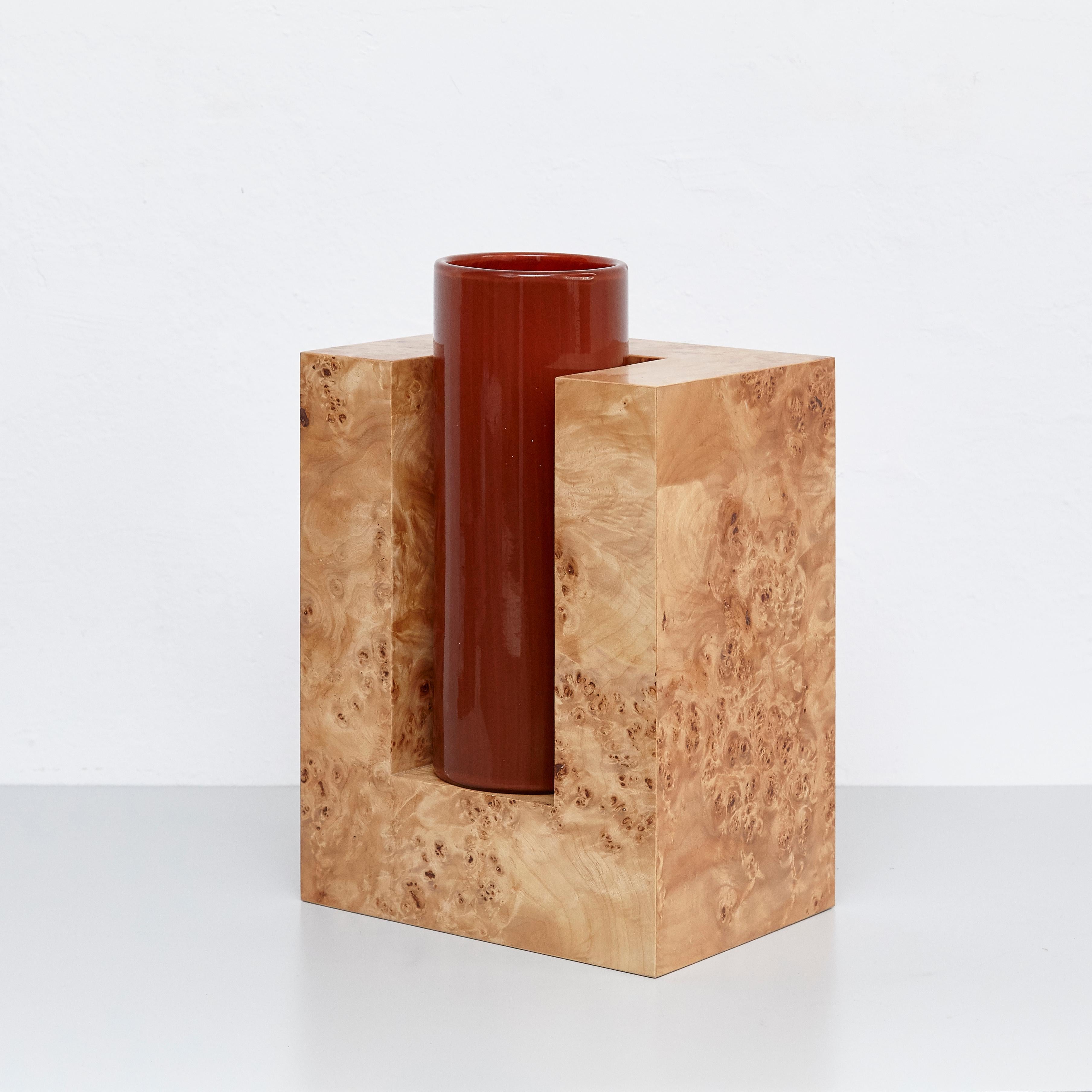 Modern Ettore Sottsass Y Limited Edition Vase in Wood and Murano Glass for Flowers